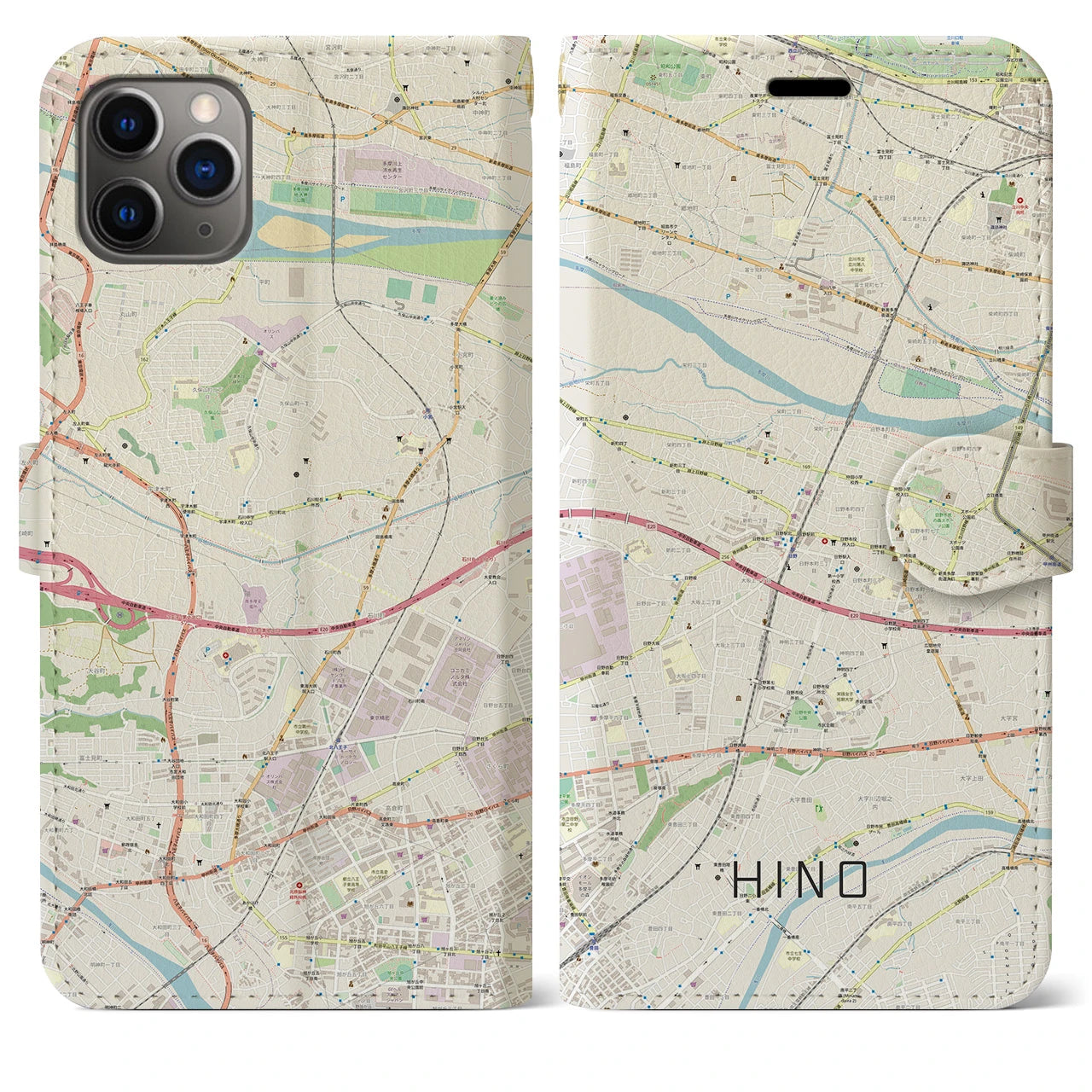 【日野(東京都)】地図柄iPhoneケース(手帳タイプ)ナチュラル・iPhone 11 Pro Max 用