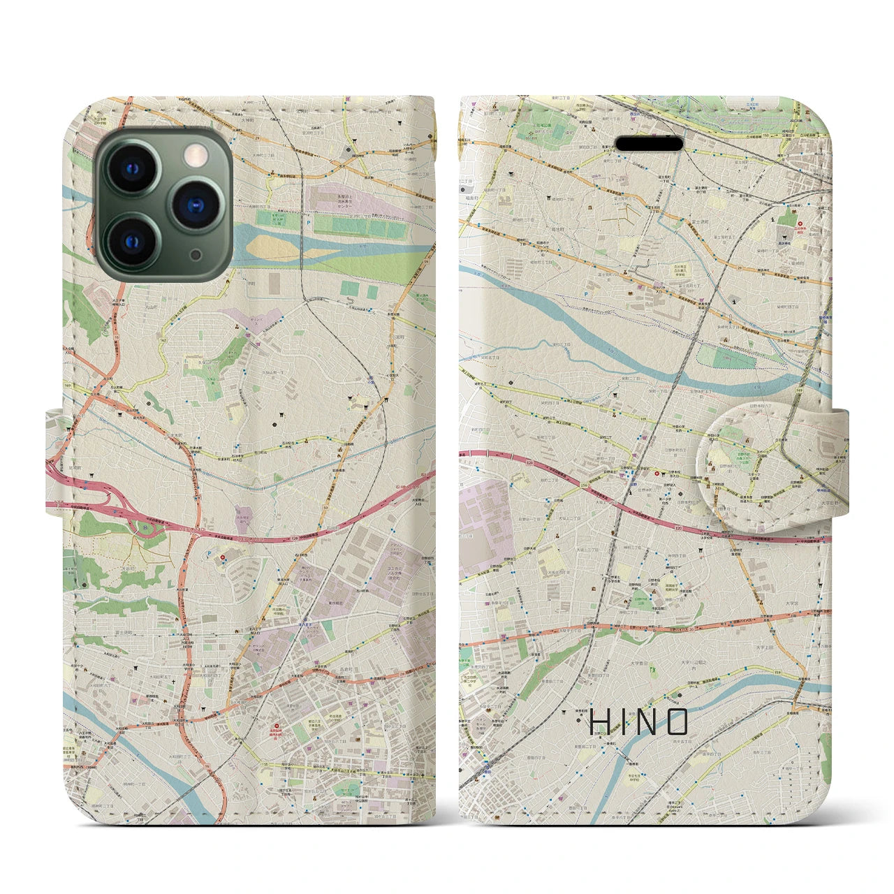 【日野(東京都)】地図柄iPhoneケース(手帳タイプ)ナチュラル・iPhone 11 Pro 用