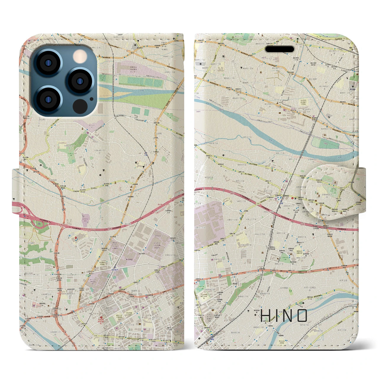 【日野(東京都)】地図柄iPhoneケース(手帳タイプ)ナチュラル・iPhone 12 / 12 Pro 用