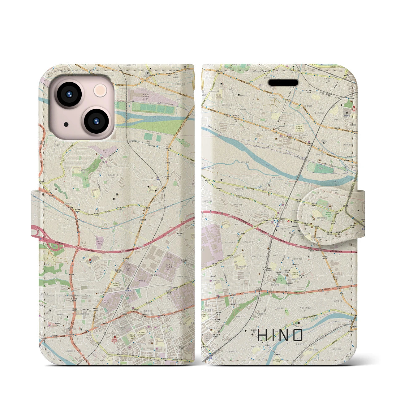 【日野(東京都)】地図柄iPhoneケース(手帳タイプ)ナチュラル・iPhone 13 mini 用