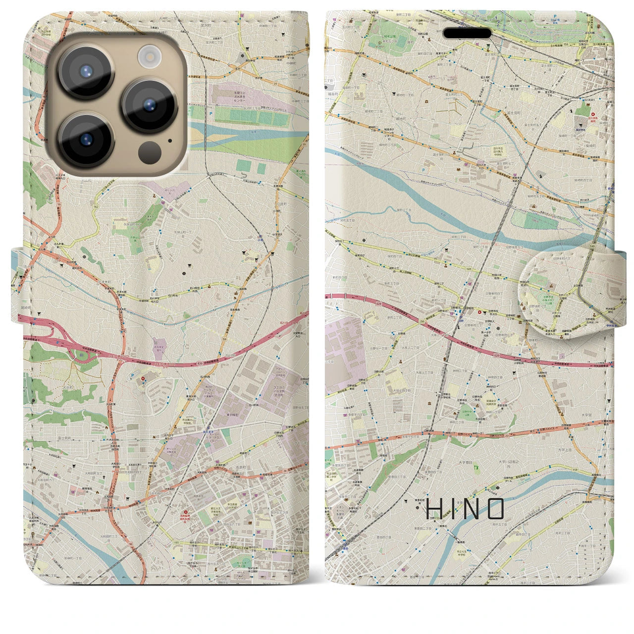 【日野(東京都)】地図柄iPhoneケース(手帳タイプ)ナチュラル・iPhone 14 Pro Max 用