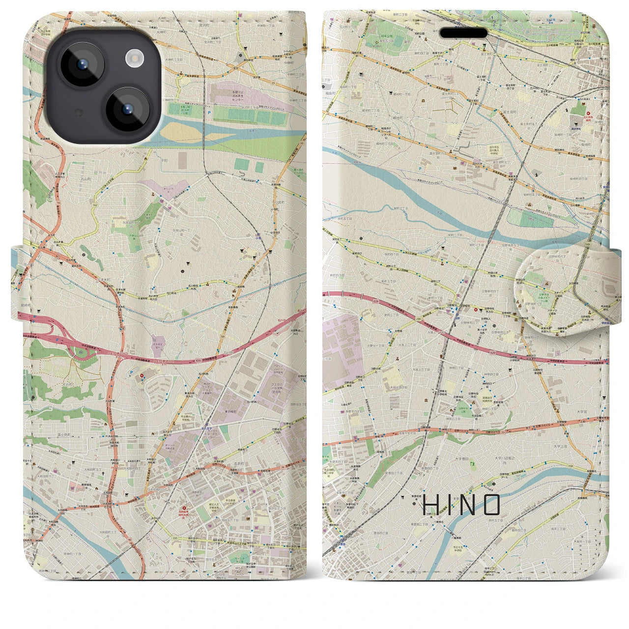 【日野(東京都)】地図柄iPhoneケース(手帳タイプ)ナチュラル・iPhone 14 Plus 用