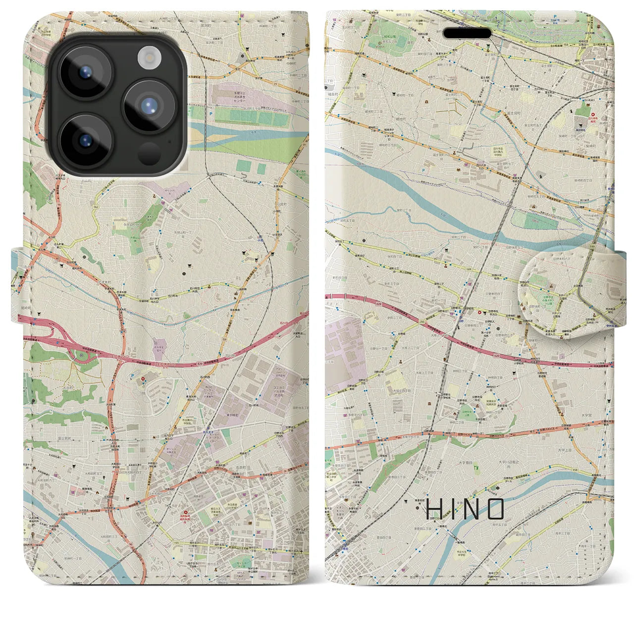 【日野(東京都)】地図柄iPhoneケース(手帳タイプ)ナチュラル・iPhone 15 Pro Max 用