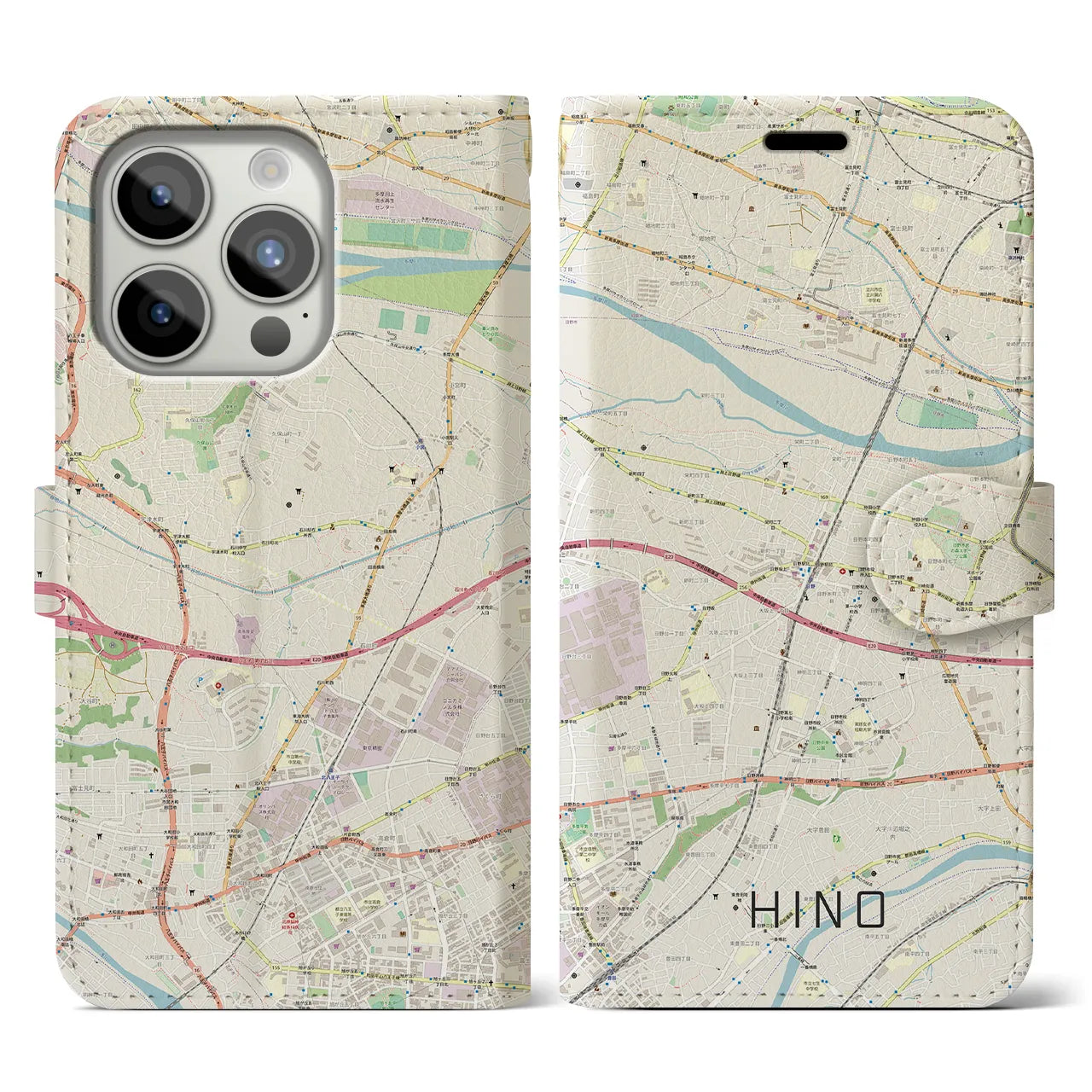 【日野(東京都)】地図柄iPhoneケース(手帳タイプ)ナチュラル・iPhone 15 Pro 用