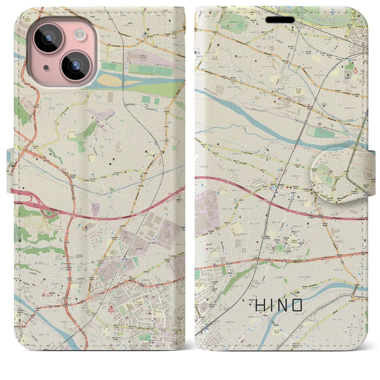 【日野(東京都)】地図柄iPhoneケース(手帳タイプ)ナチュラル・iPhone 15 Plus 用