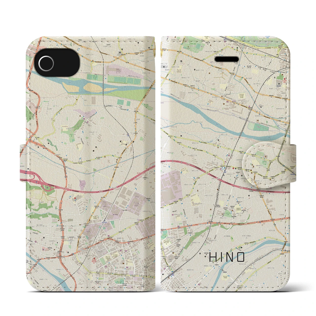 【日野(東京都)】地図柄iPhoneケース(手帳タイプ)ナチュラル・iPhone SE(第3 / 第2世代) / 8 / 7 / 6s / 6 用