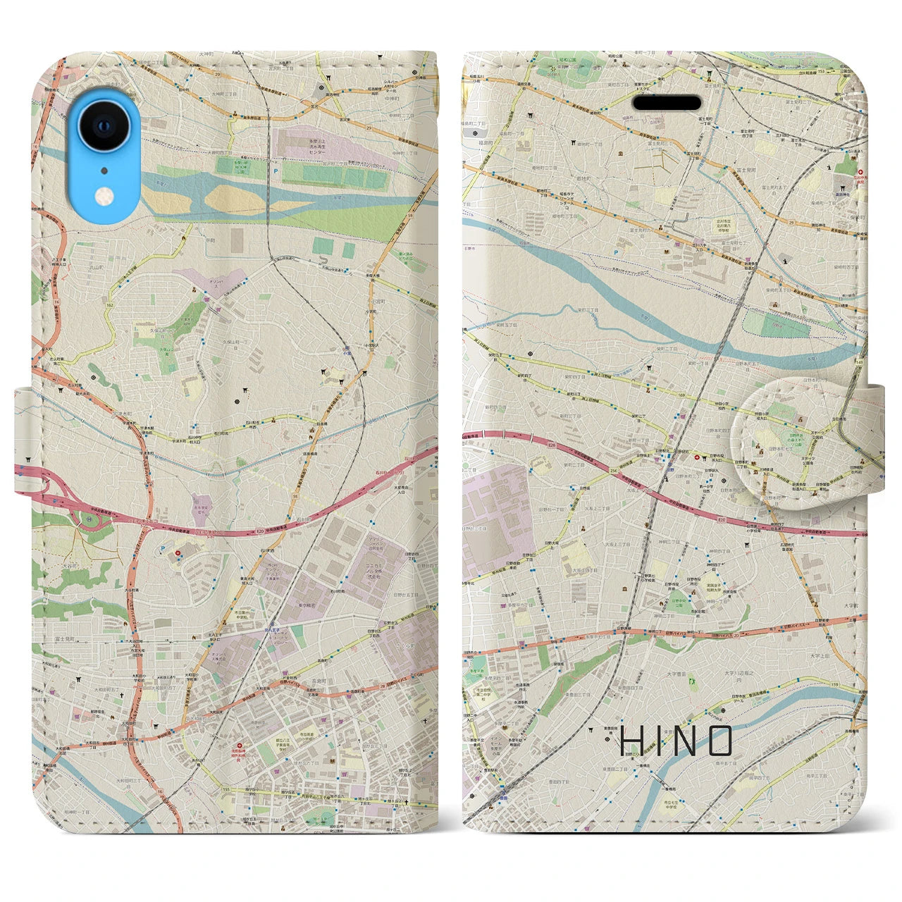 【日野(東京都)】地図柄iPhoneケース(手帳タイプ)ナチュラル・iPhone XR 用
