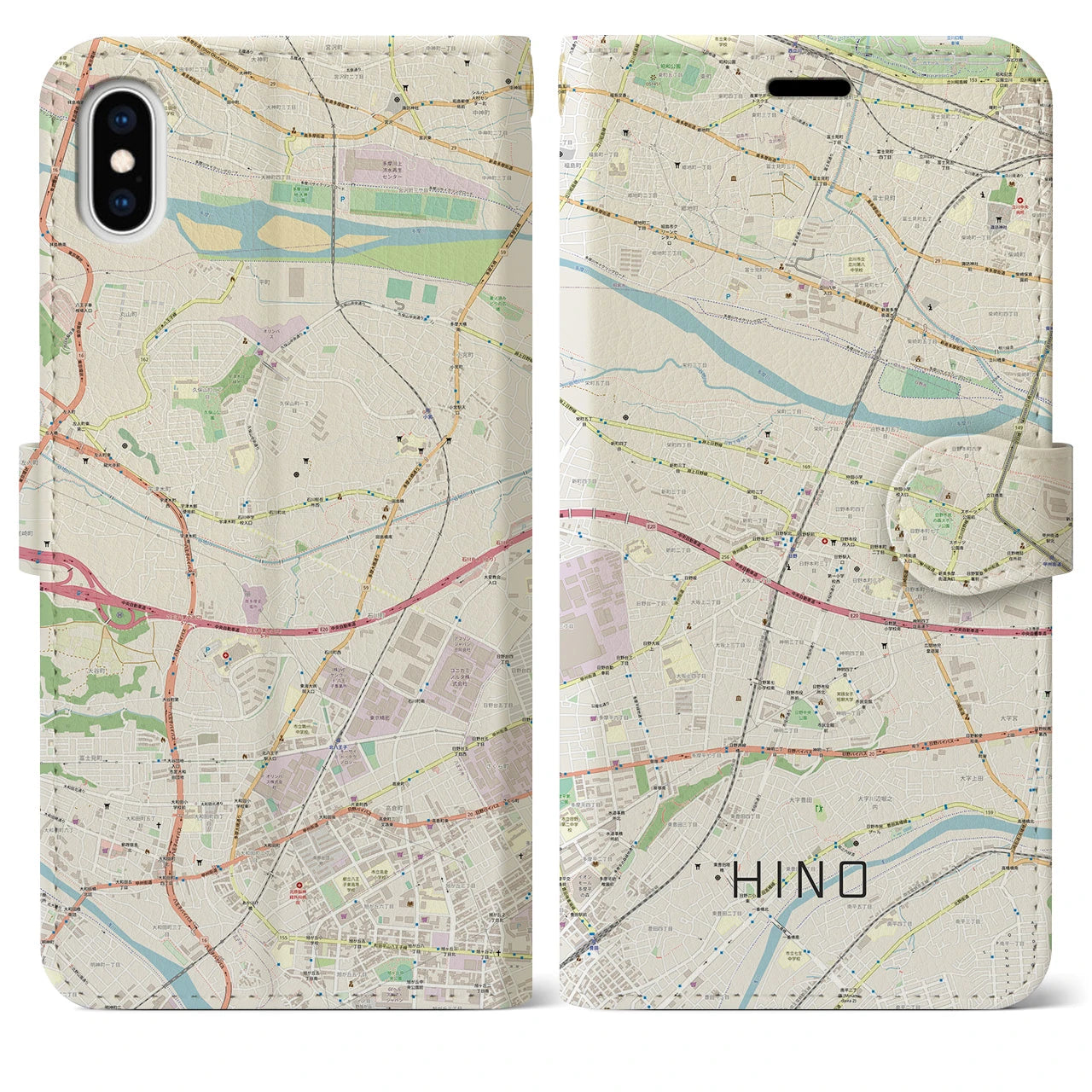 【日野(東京都)】地図柄iPhoneケース(手帳タイプ)ナチュラル・iPhone XS Max 用