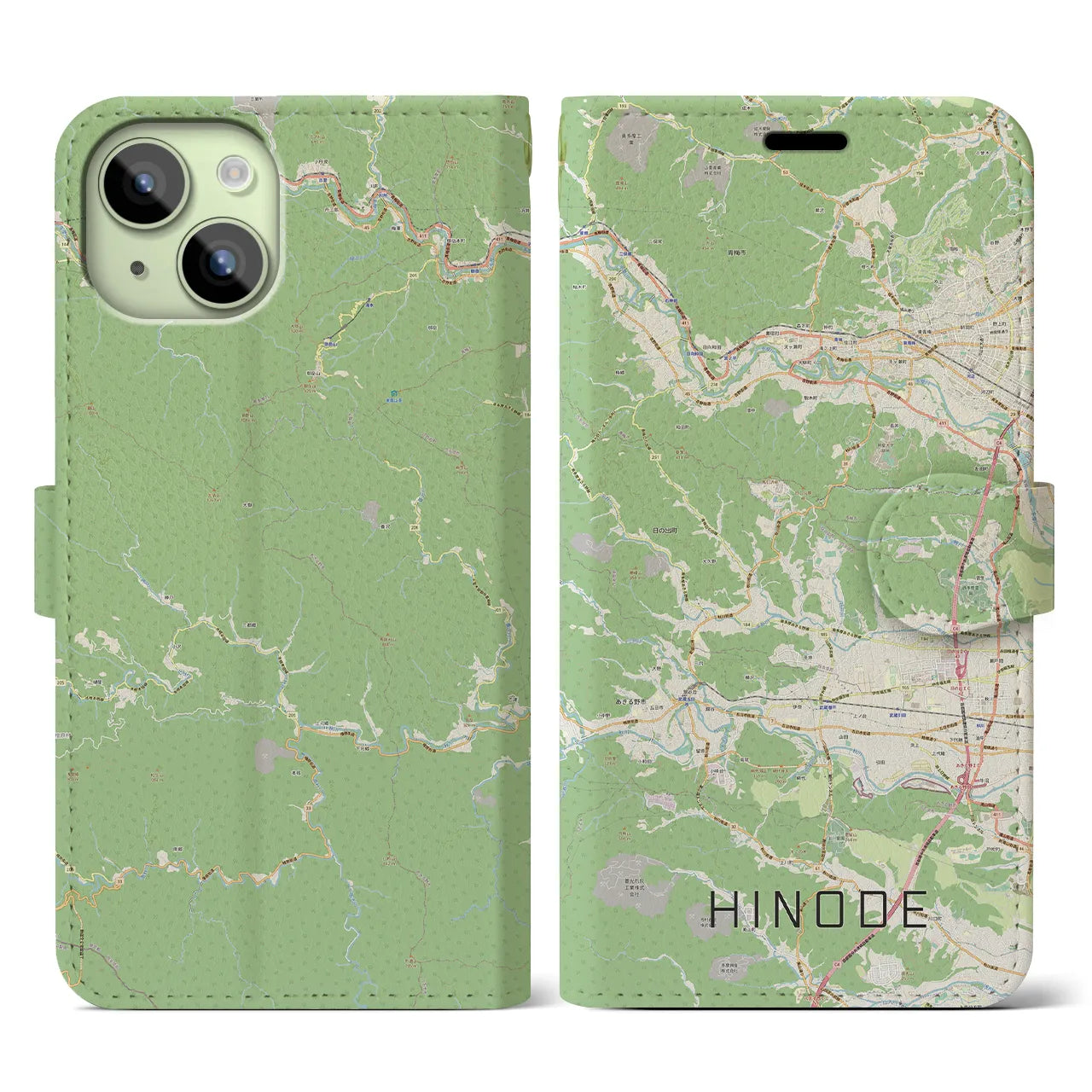 【日の出(東京都)】地図柄iPhoneケース(手帳タイプ)ナチュラル・iPhone 15 用