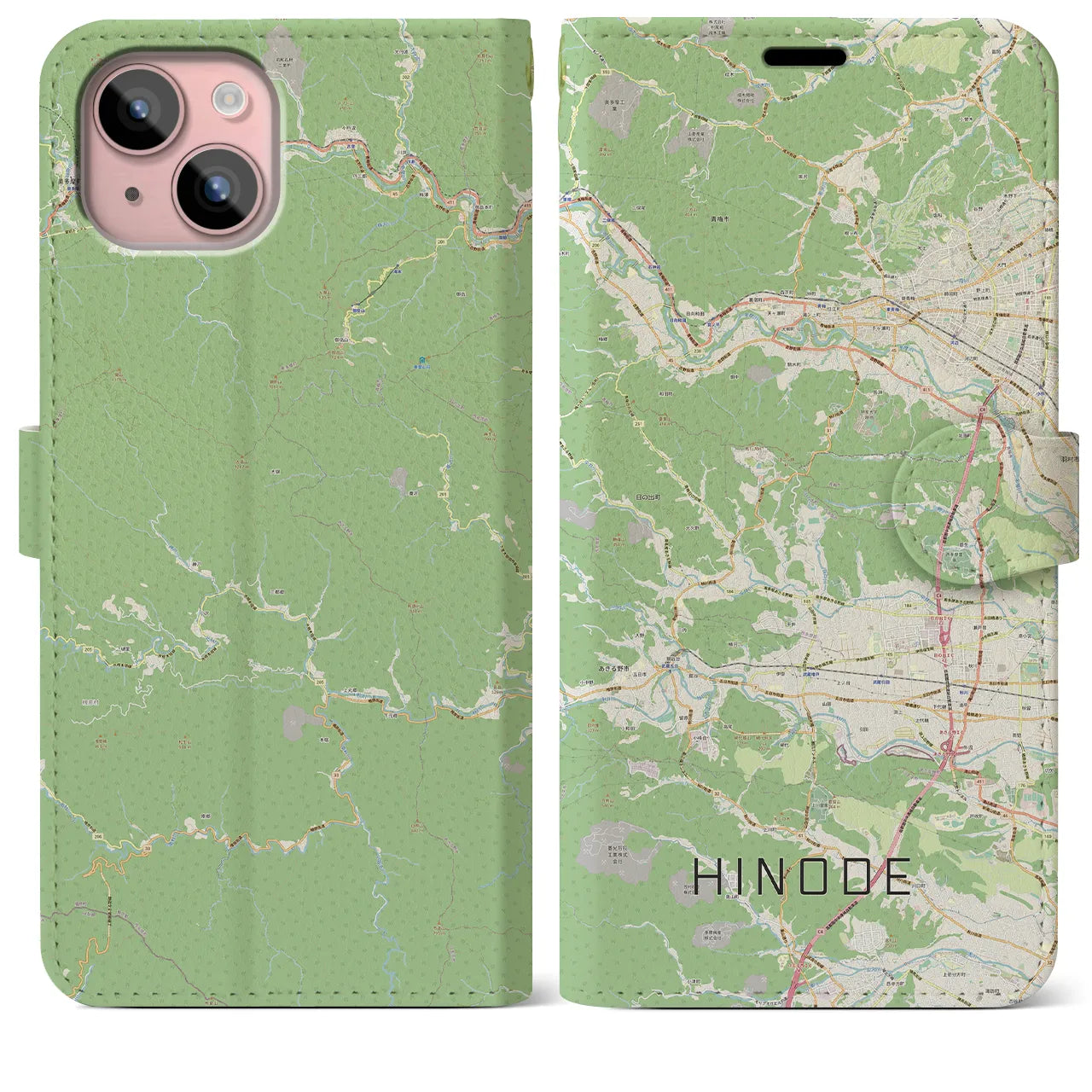 【日の出(東京都)】地図柄iPhoneケース(手帳タイプ)ナチュラル・iPhone 15 Plus 用