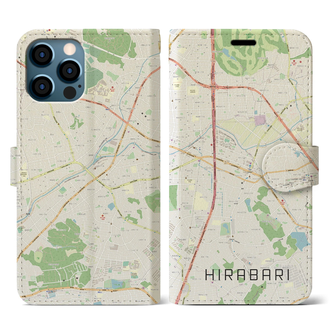 【平針(愛知県)】地図柄iPhoneケース(手帳タイプ)ナチュラル・iPhone 12 / 12 Pro 用