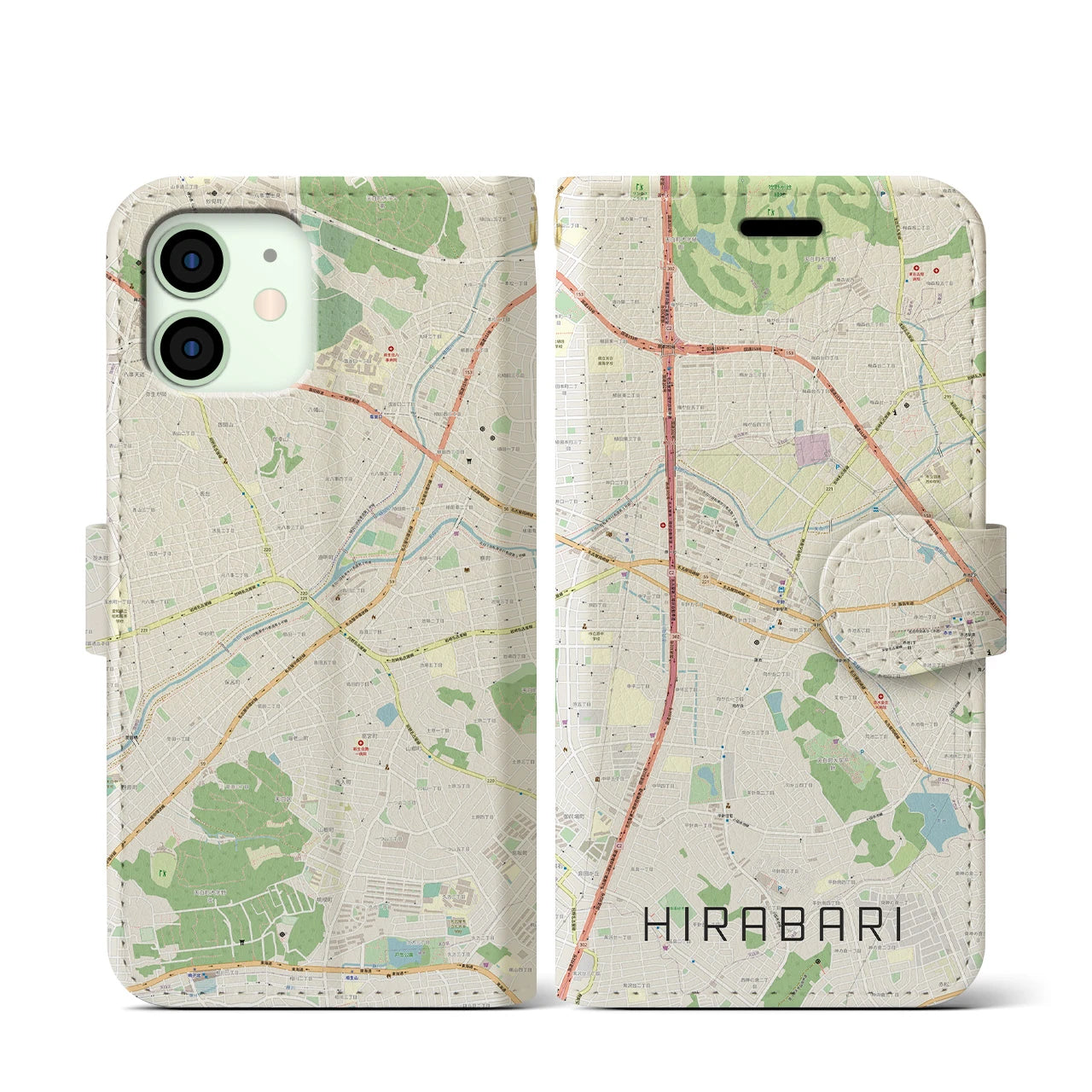 【平針(愛知県)】地図柄iPhoneケース(手帳タイプ)ナチュラル・iPhone 12 mini 用