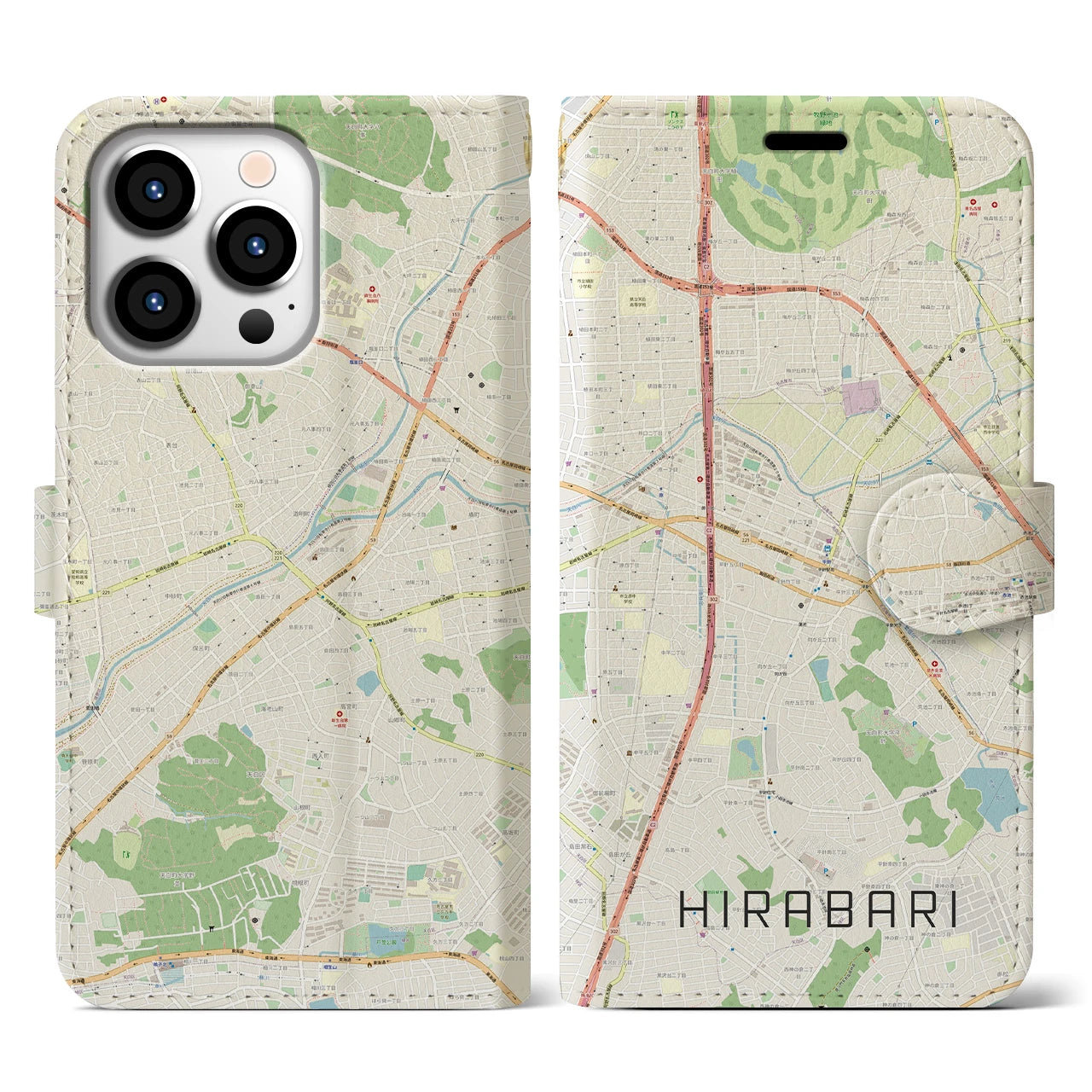 【平針(愛知県)】地図柄iPhoneケース(手帳タイプ)ナチュラル・iPhone 13 Pro 用