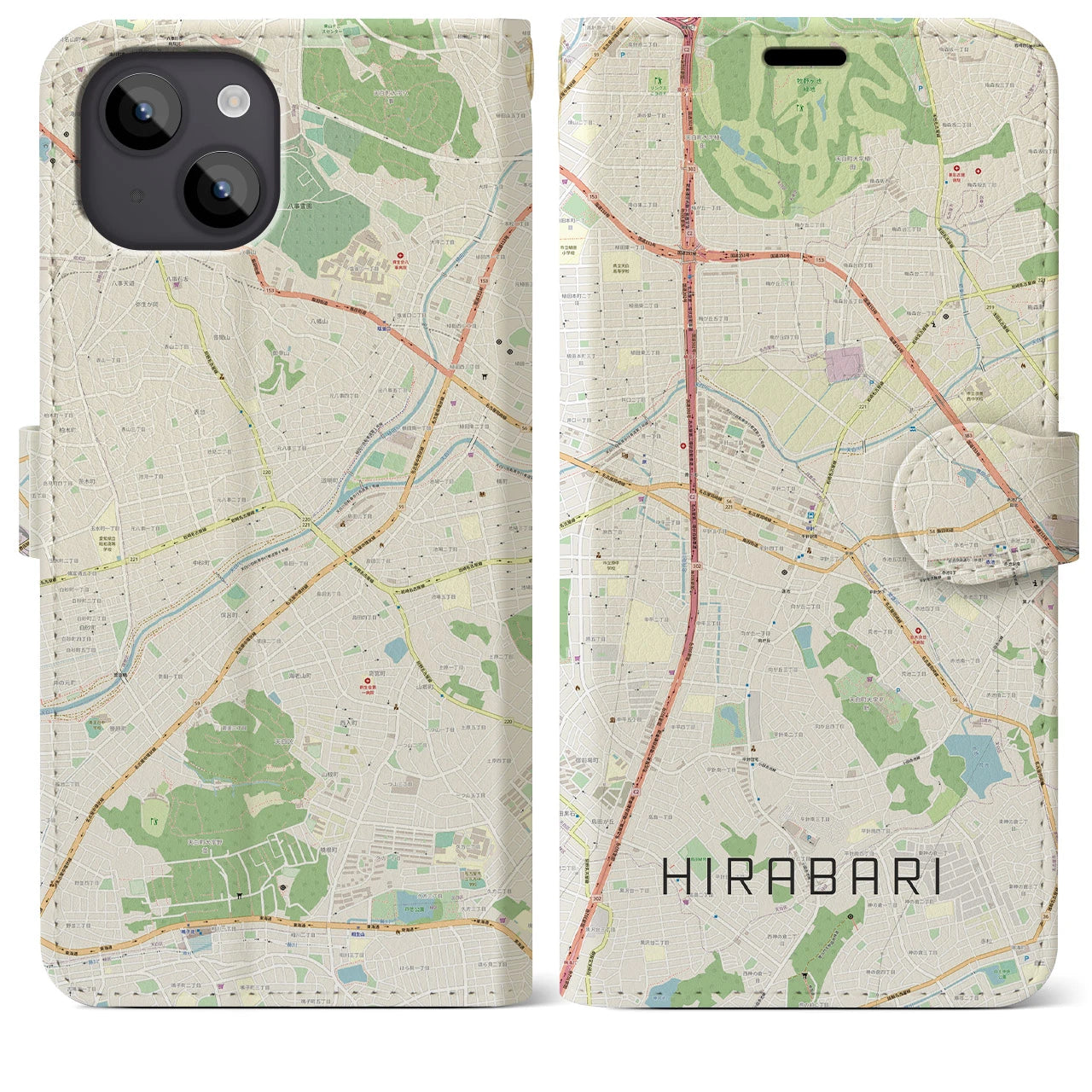 【平針(愛知県)】地図柄iPhoneケース(手帳タイプ)ナチュラル・iPhone 14 Plus 用