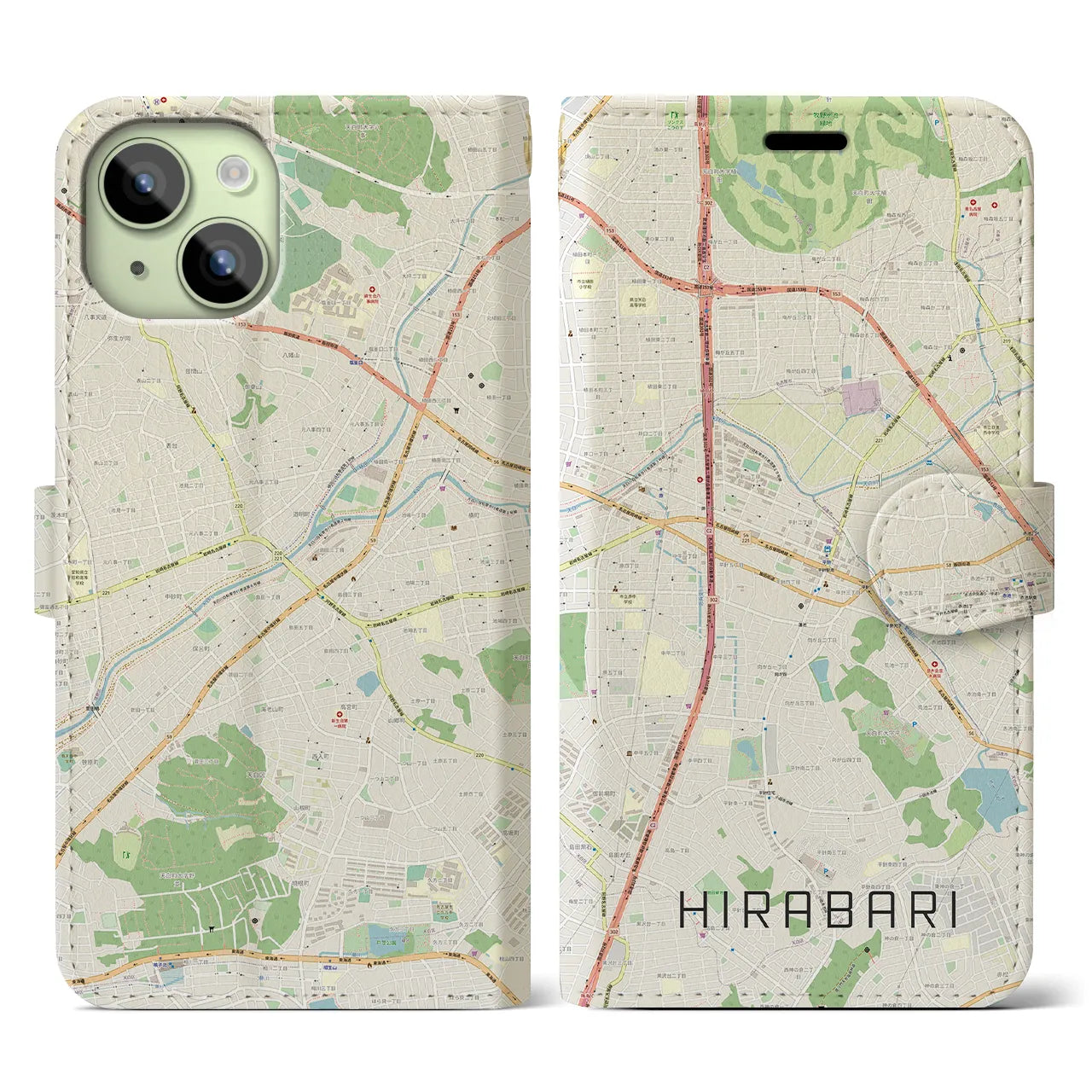 【平針(愛知県)】地図柄iPhoneケース(手帳タイプ)ナチュラル・iPhone 15 用