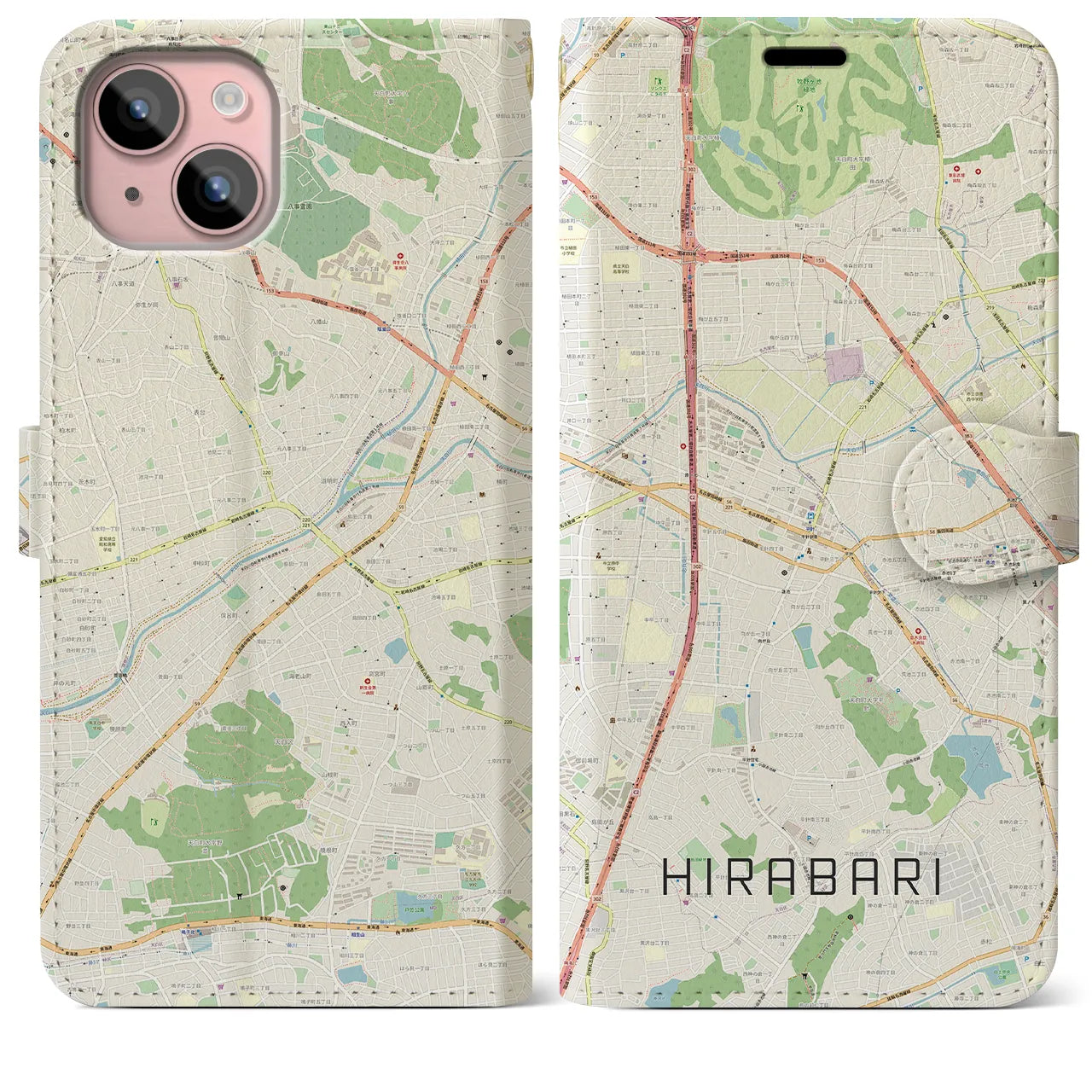 【平針(愛知県)】地図柄iPhoneケース(手帳タイプ)ナチュラル・iPhone 15 Plus 用