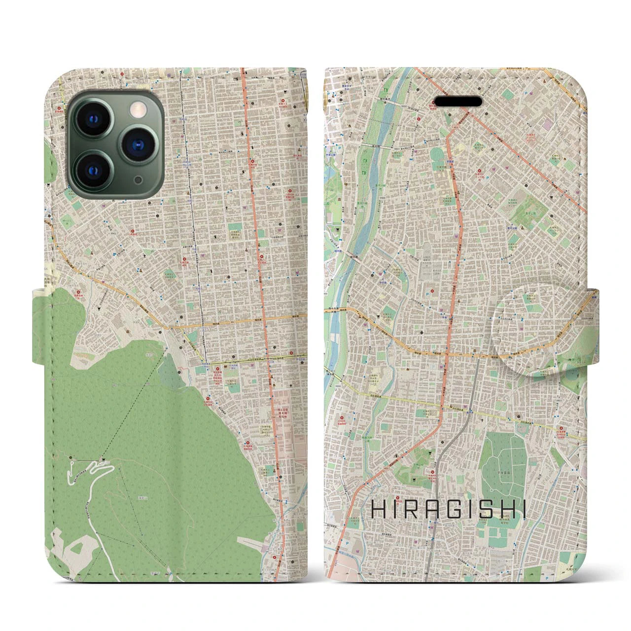 【平岸(北海道)】地図柄iPhoneケース(手帳タイプ)ナチュラル・iPhone 11 Pro 用