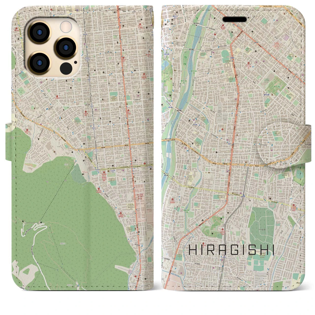 【平岸(北海道)】地図柄iPhoneケース(手帳タイプ)ナチュラル・iPhone 12 Pro Max 用