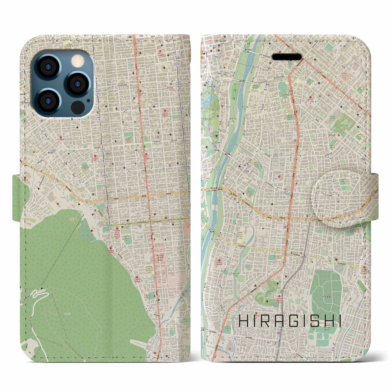 【平岸(北海道)】地図柄iPhoneケース(手帳タイプ)ナチュラル・iPhone 12 / 12 Pro 用