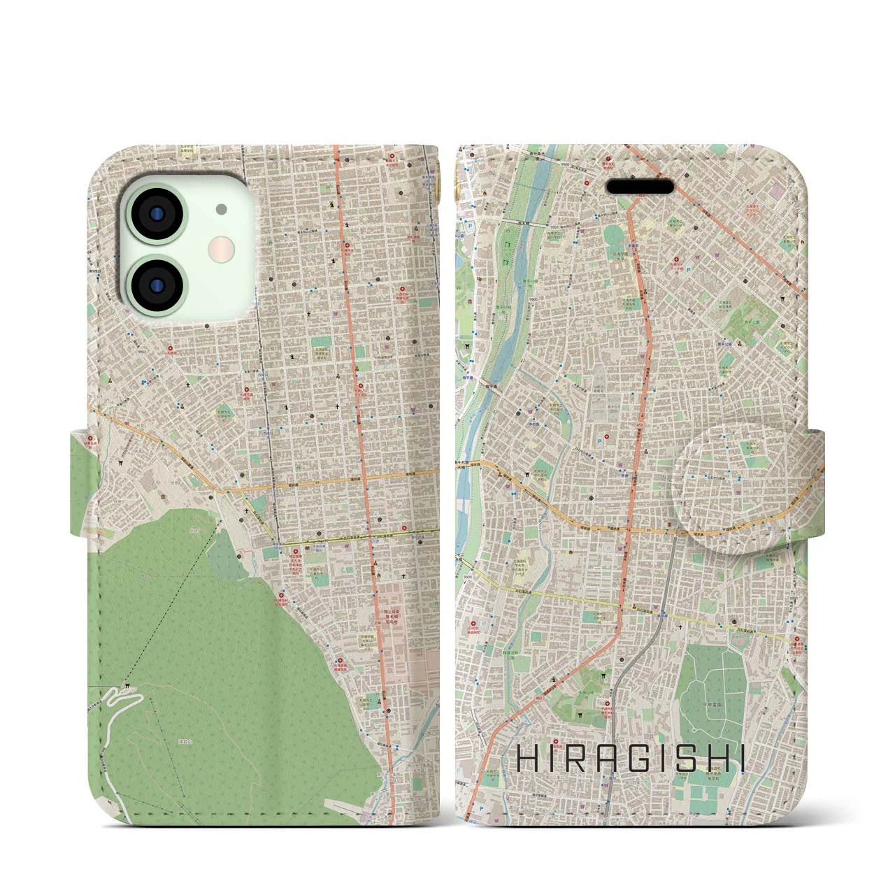 【平岸(北海道)】地図柄iPhoneケース(手帳タイプ)ナチュラル・iPhone 12 mini 用