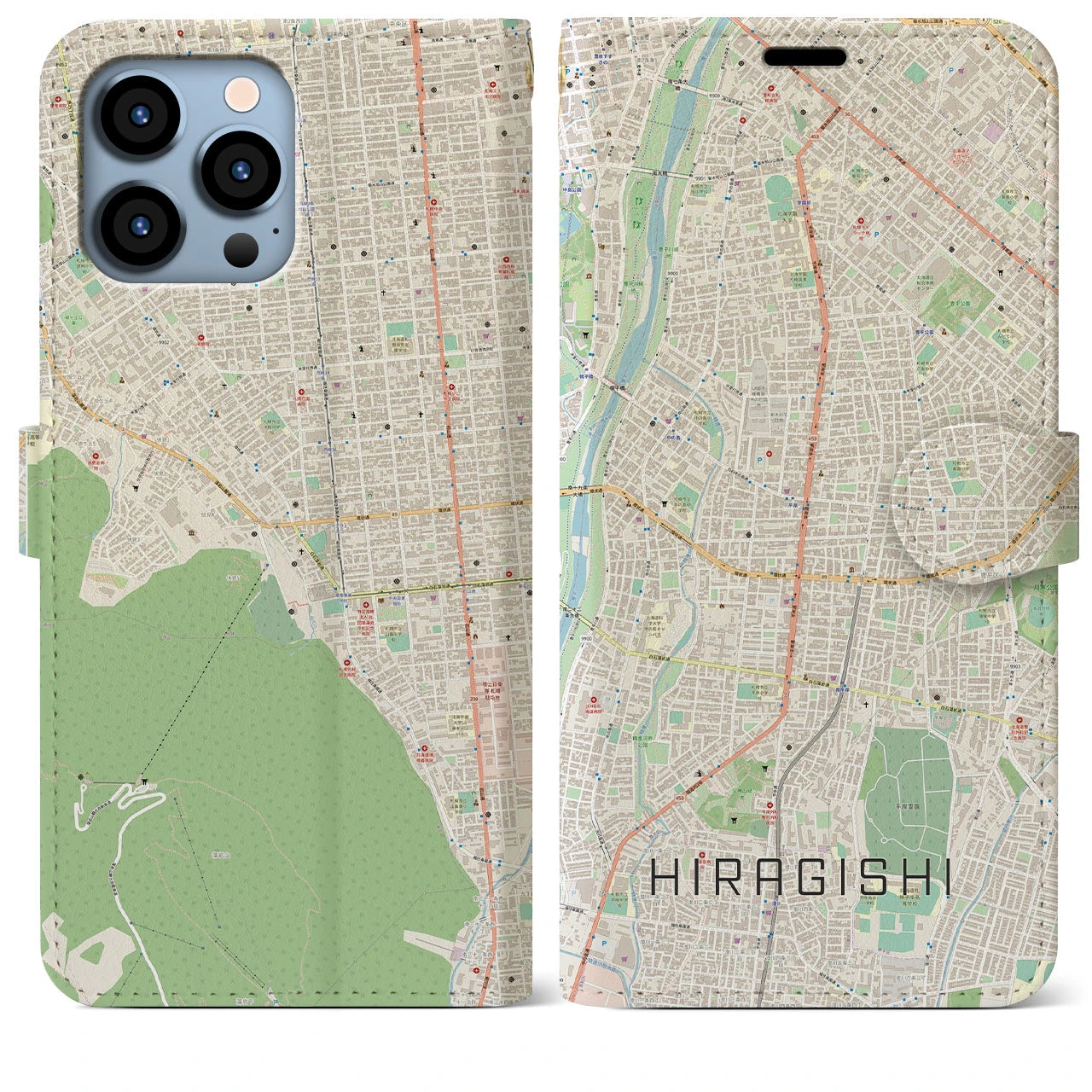 【平岸(北海道)】地図柄iPhoneケース(手帳タイプ)ナチュラル・iPhone 13 Pro Max 用