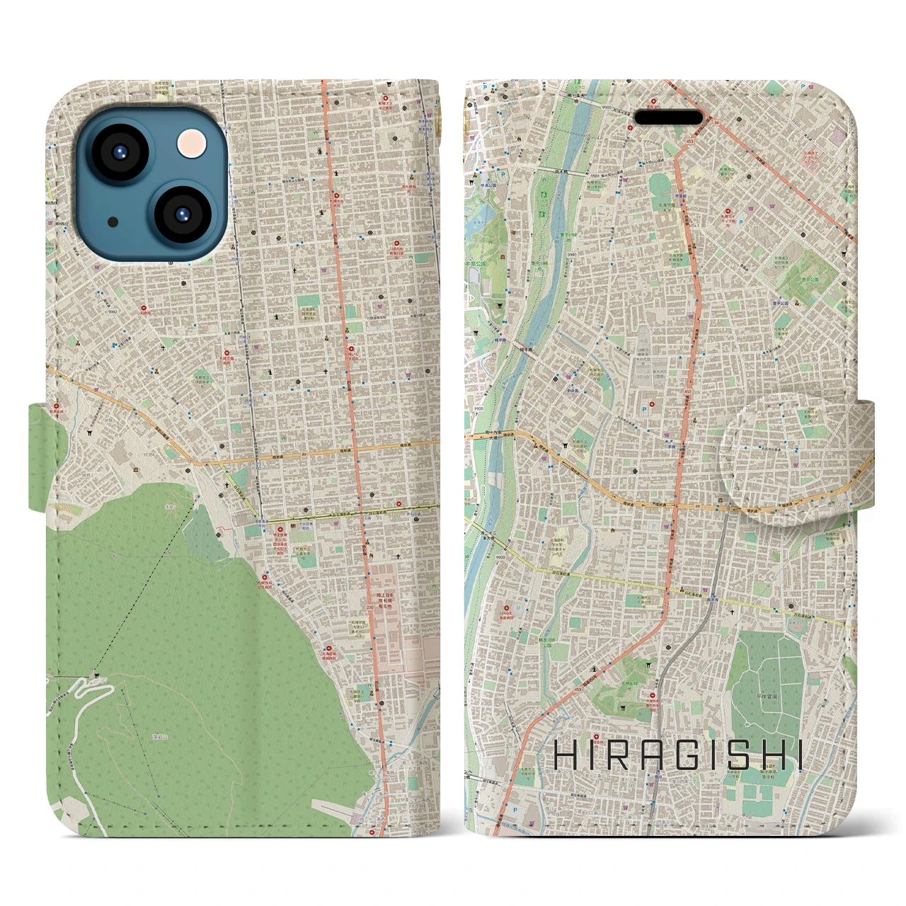 【平岸(北海道)】地図柄iPhoneケース(手帳タイプ)ナチュラル・iPhone 13 用