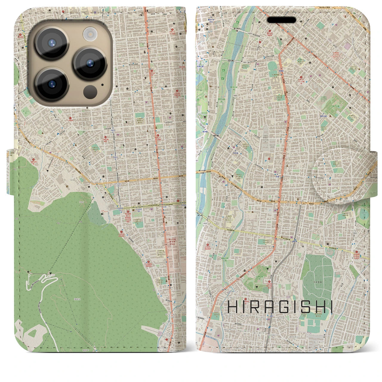 【平岸(北海道)】地図柄iPhoneケース(手帳タイプ)ナチュラル・iPhone 14 Pro Max 用