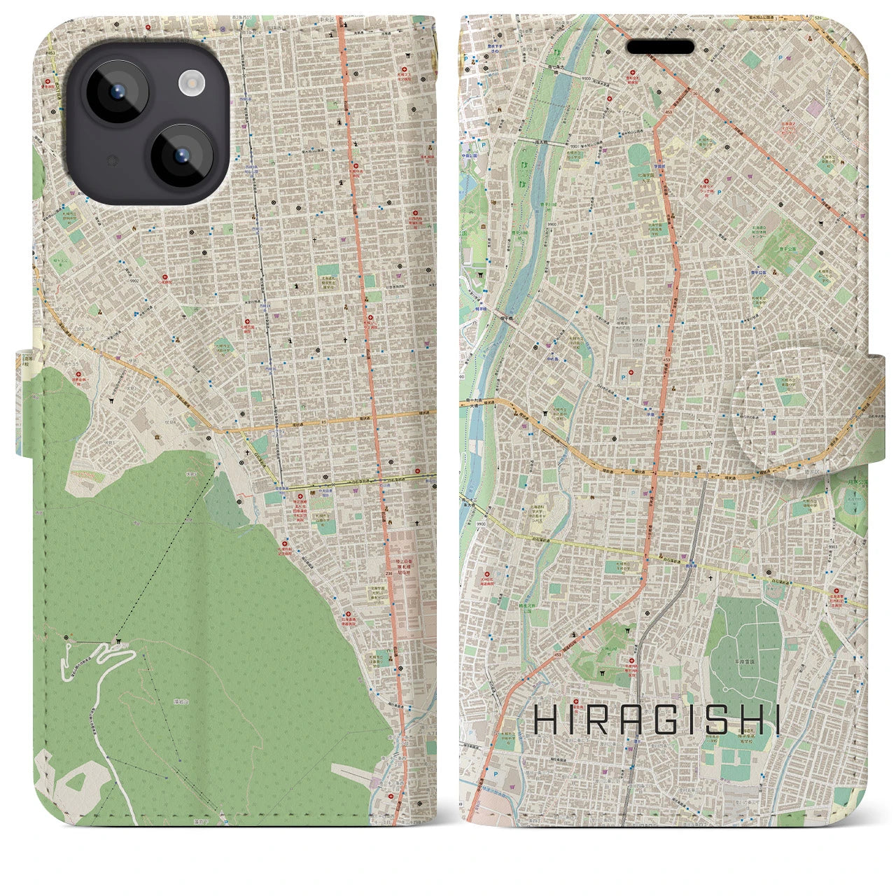 【平岸(北海道)】地図柄iPhoneケース(手帳タイプ)ナチュラル・iPhone 14 Plus 用