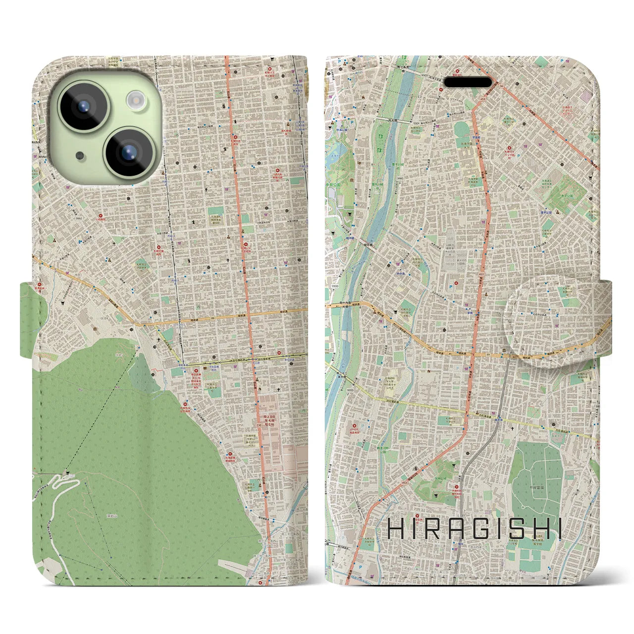 【平岸(北海道)】地図柄iPhoneケース(手帳タイプ)ナチュラル・iPhone 15 用
