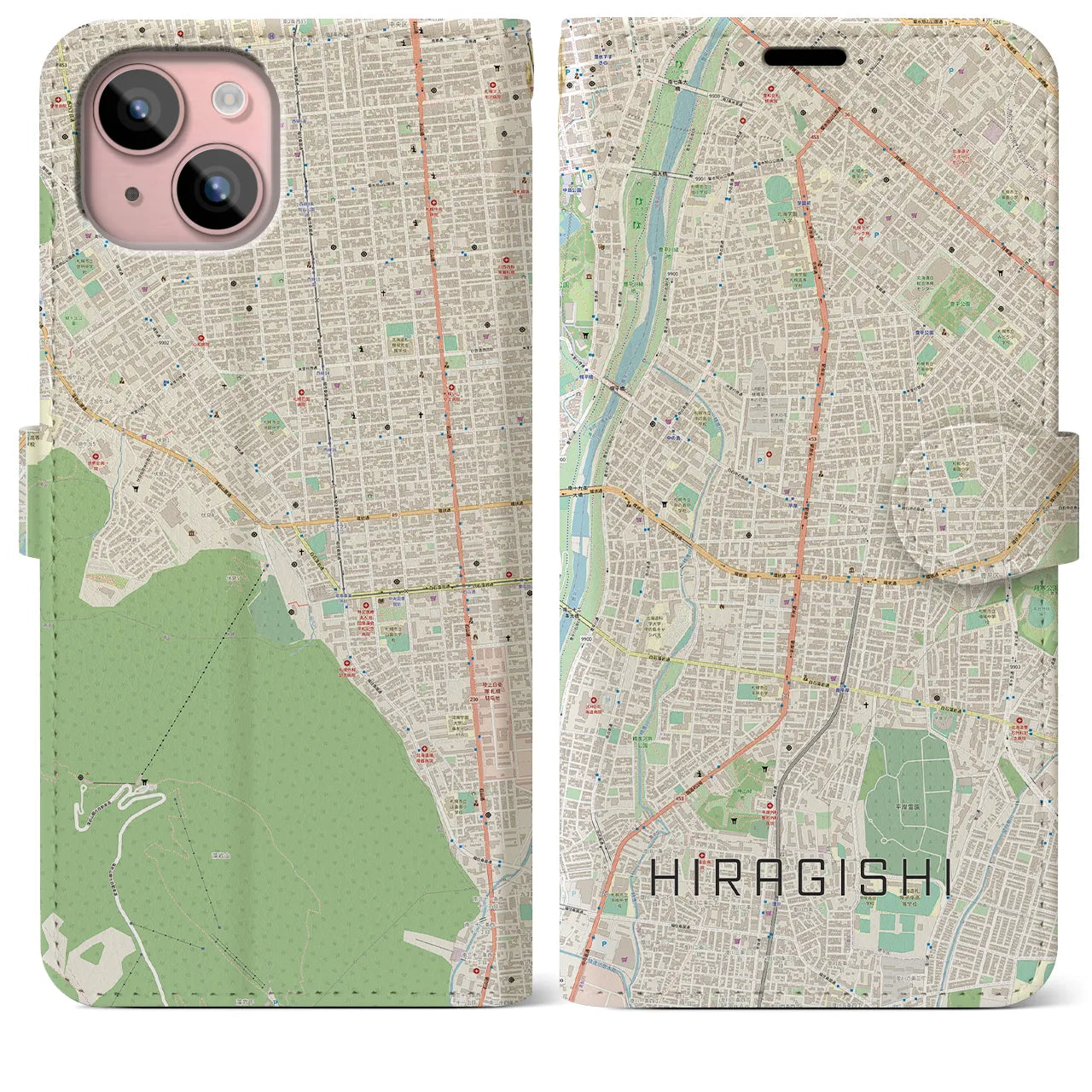 【平岸(北海道)】地図柄iPhoneケース(手帳タイプ)ナチュラル・iPhone 15 Plus 用