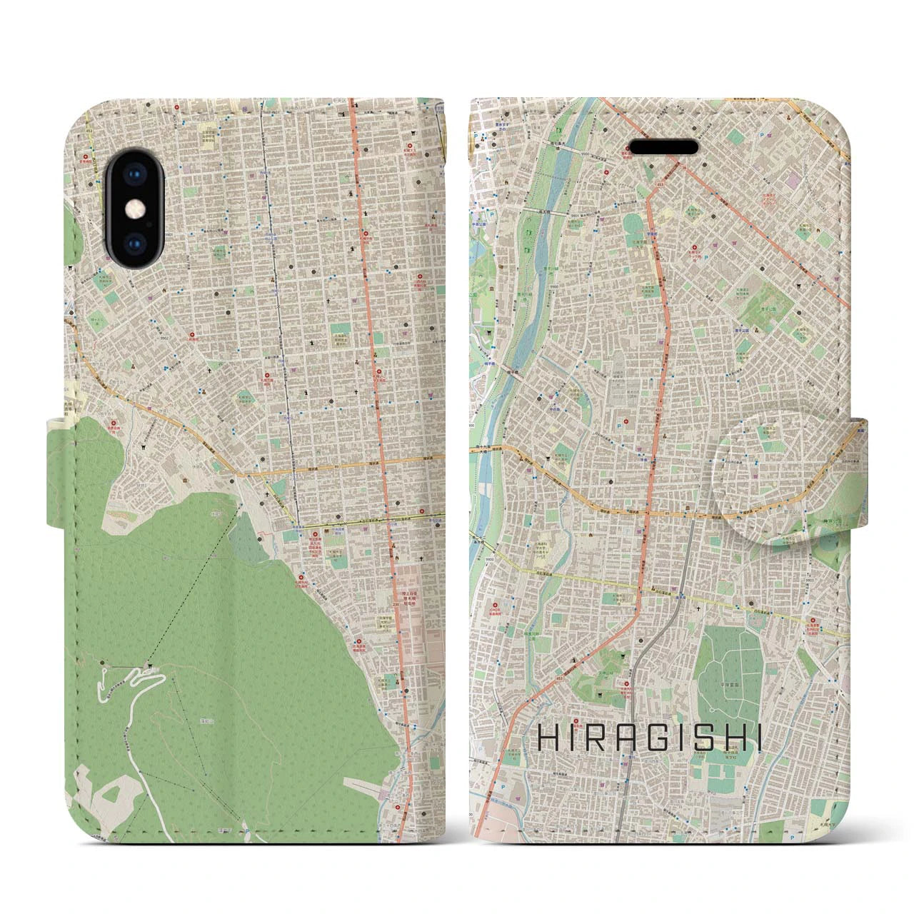 【平岸(北海道)】地図柄iPhoneケース(手帳タイプ)ナチュラル・iPhone XS / X 用
