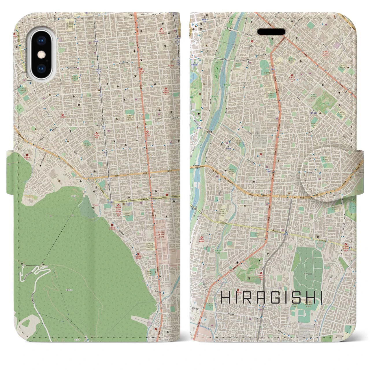 【平岸(北海道)】地図柄iPhoneケース(手帳タイプ)ナチュラル・iPhone XS Max 用