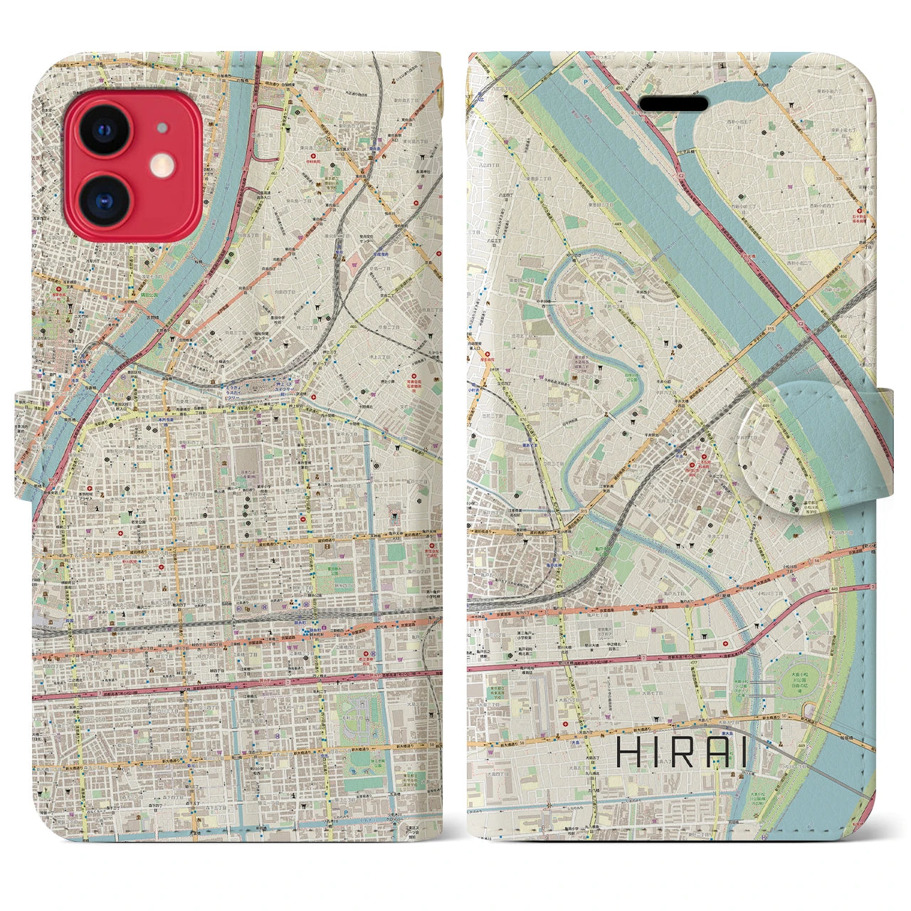 【平井(東京都)】地図柄iPhoneケース(手帳タイプ)ナチュラル・iPhone 11 用
