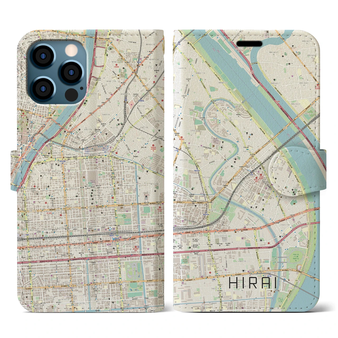 【平井(東京都)】地図柄iPhoneケース(手帳タイプ)ナチュラル・iPhone 12 / 12 Pro 用