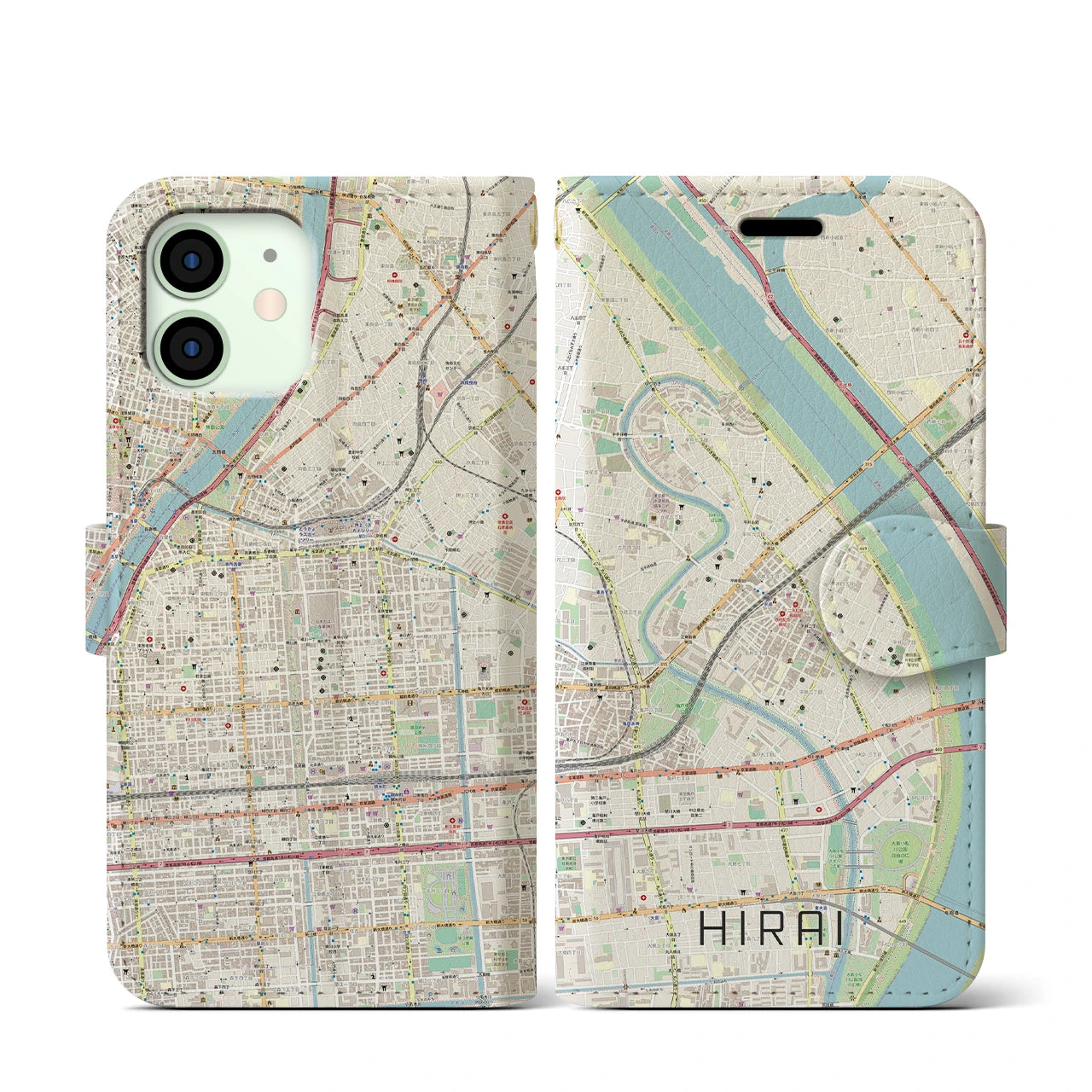 【平井(東京都)】地図柄iPhoneケース(手帳タイプ)ナチュラル・iPhone 12 mini 用