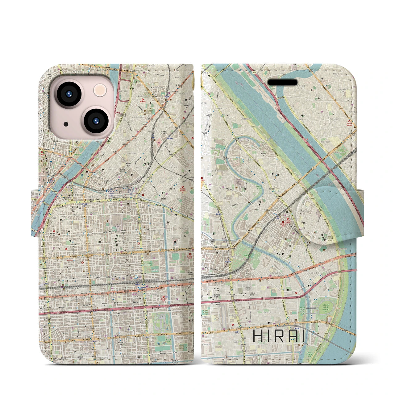 【平井(東京都)】地図柄iPhoneケース(手帳タイプ)ナチュラル・iPhone 13 mini 用