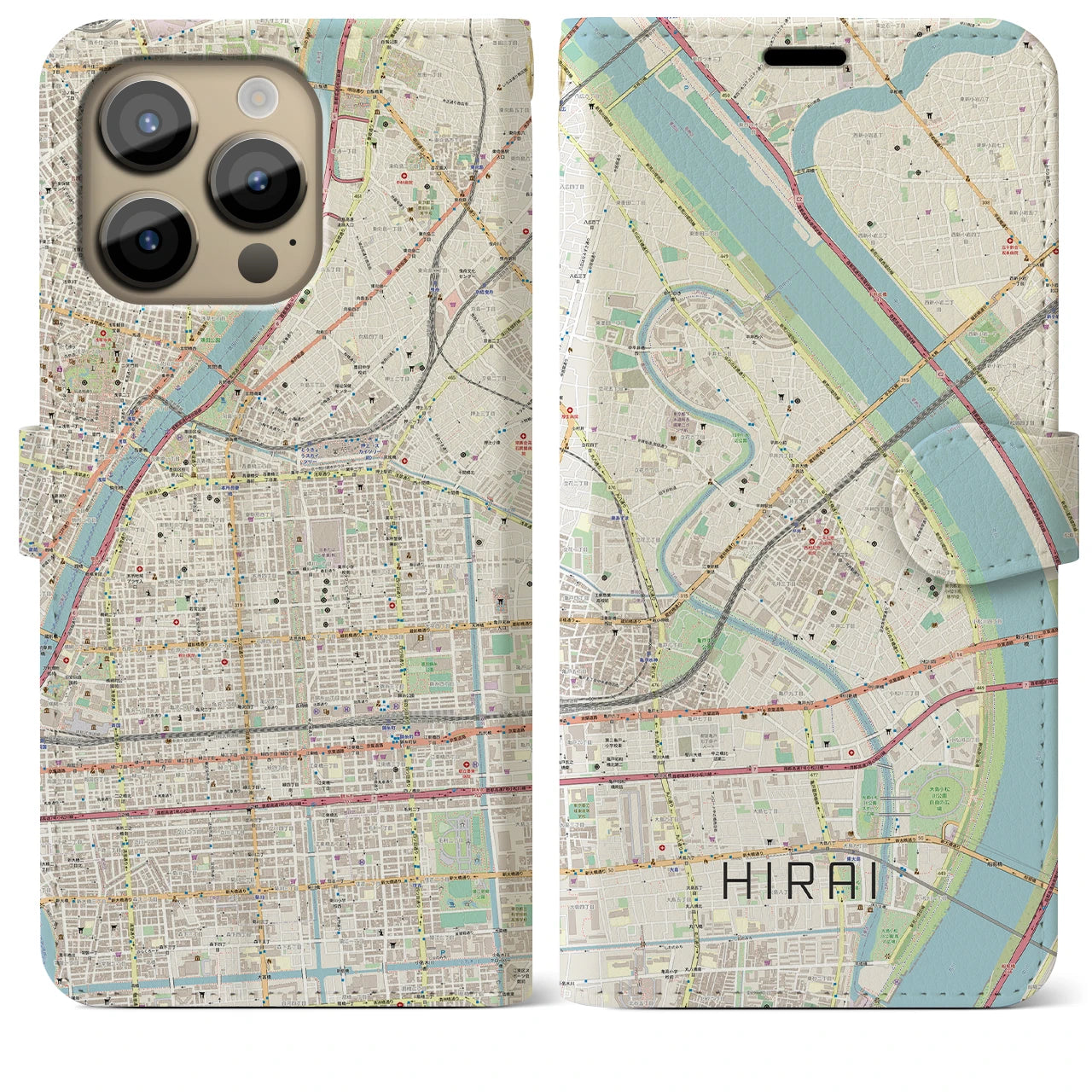 【平井(東京都)】地図柄iPhoneケース(手帳タイプ)ナチュラル・iPhone 14 Pro Max 用