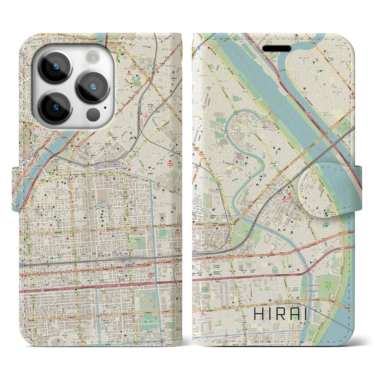 【平井(東京都)】地図柄iPhoneケース(手帳タイプ)ナチュラル・iPhone 14 Pro 用