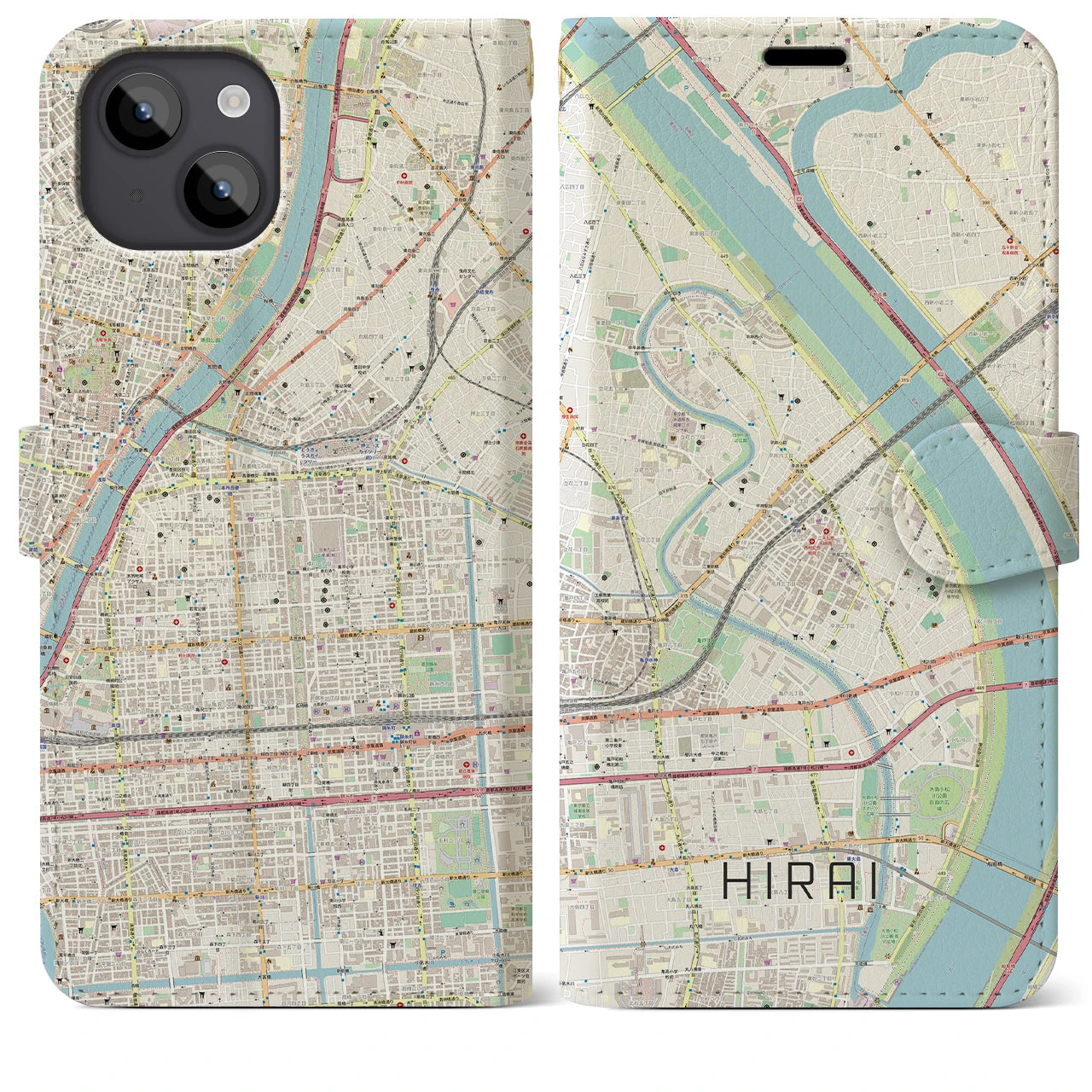 【平井(東京都)】地図柄iPhoneケース(手帳タイプ)ナチュラル・iPhone 14 Plus 用