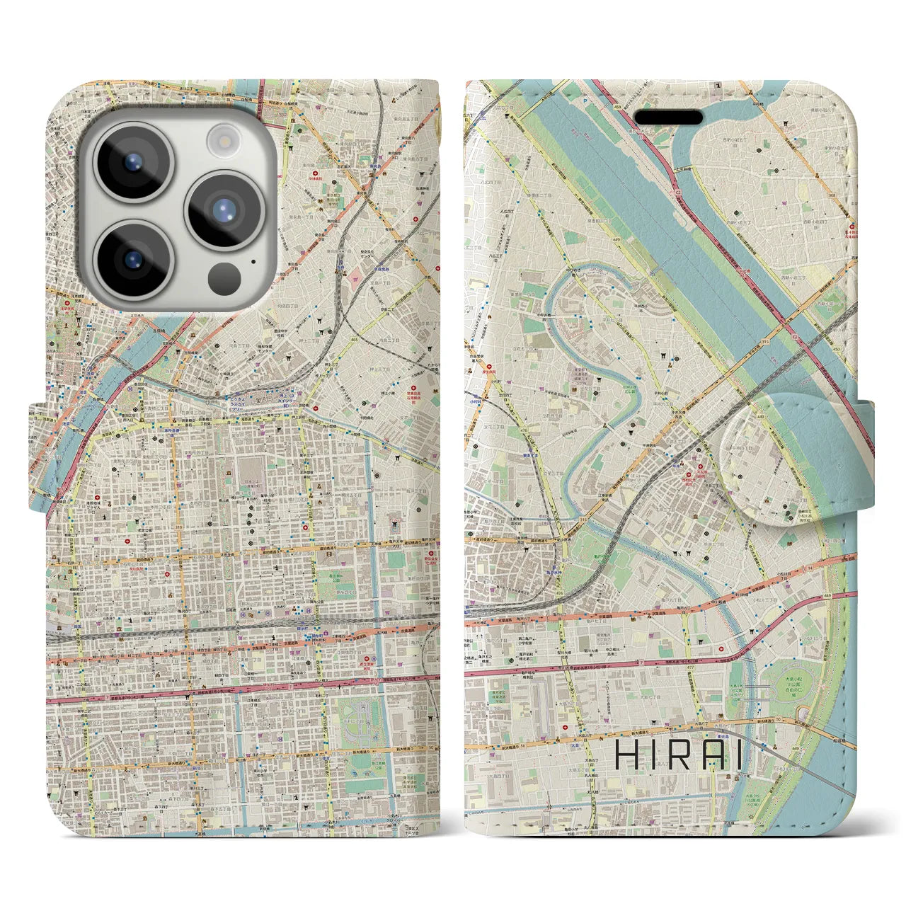 【平井(東京都)】地図柄iPhoneケース(手帳タイプ)ナチュラル・iPhone 15 Pro 用