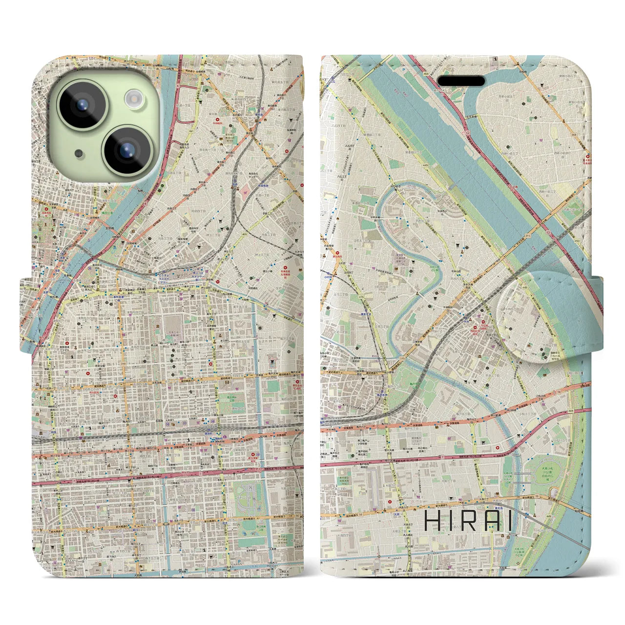 【平井(東京都)】地図柄iPhoneケース(手帳タイプ)ナチュラル・iPhone 15 用