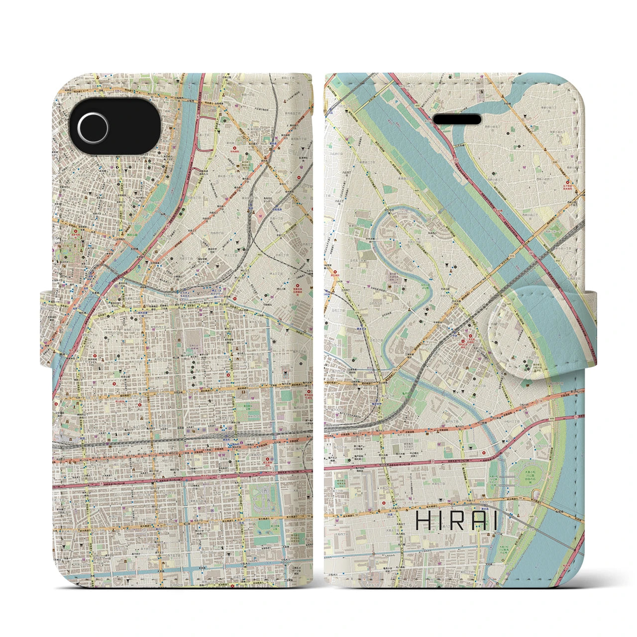 【平井(東京都)】地図柄iPhoneケース(手帳タイプ)ナチュラル・iPhone SE(第3 / 第2世代) / 8 / 7 / 6s / 6 用