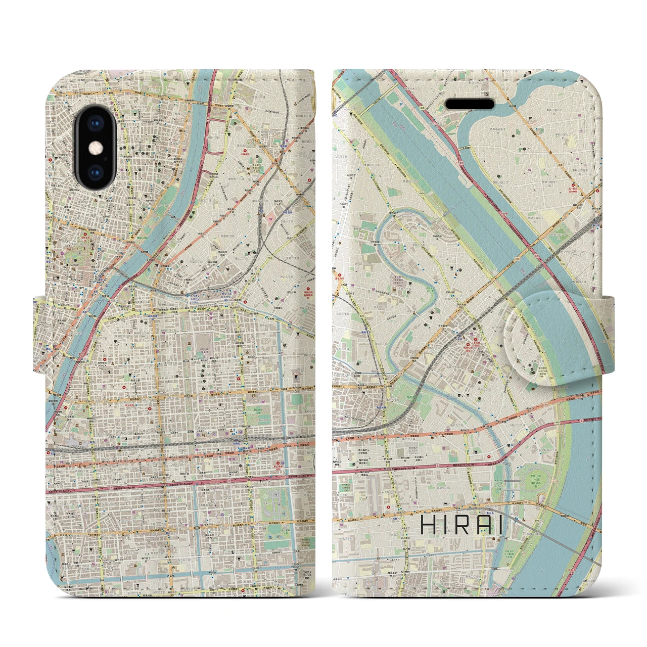 【平井(東京都)】地図柄iPhoneケース(手帳タイプ)ナチュラル・iPhone XS / X 用