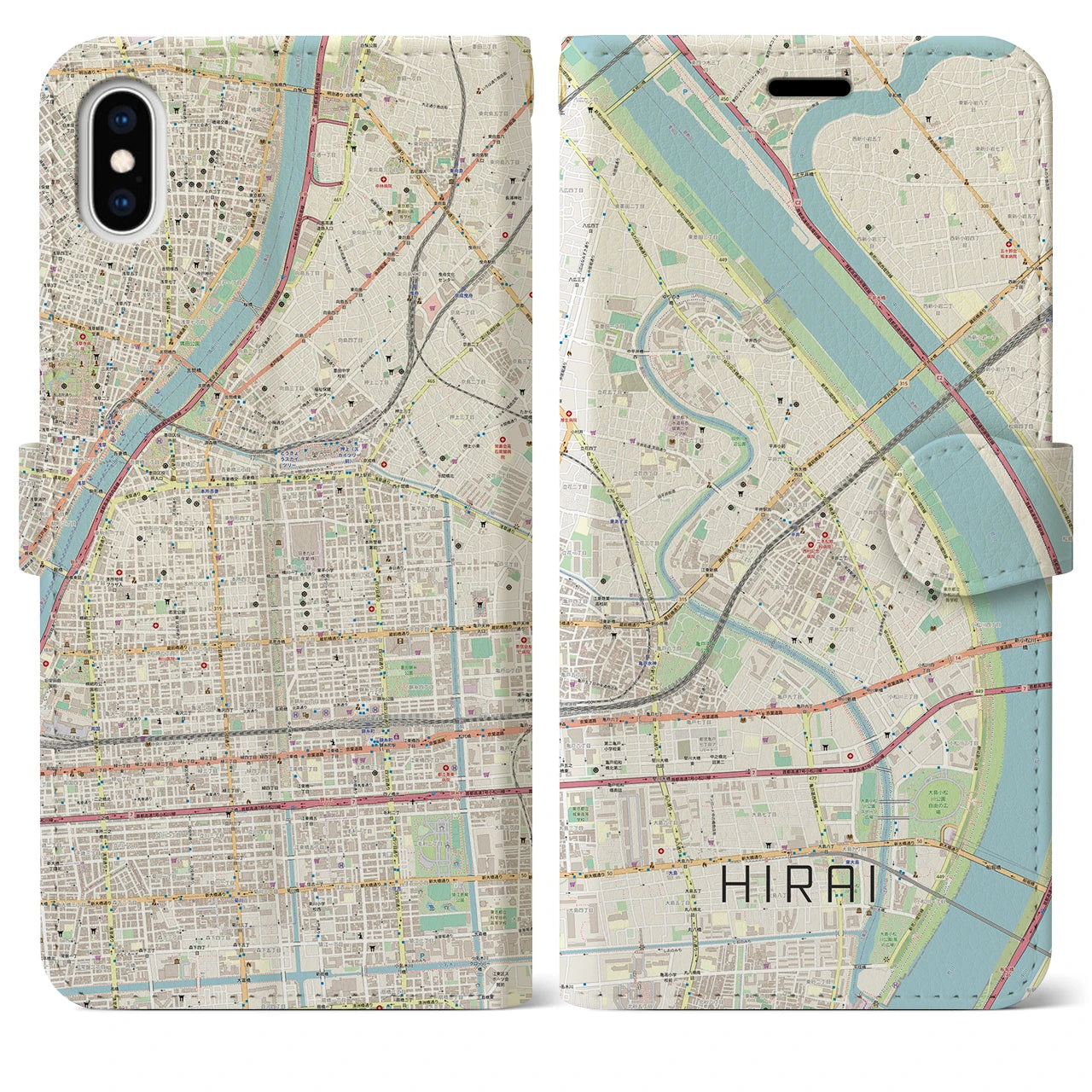 【平井(東京都)】地図柄iPhoneケース(手帳タイプ)ナチュラル・iPhone XS Max 用