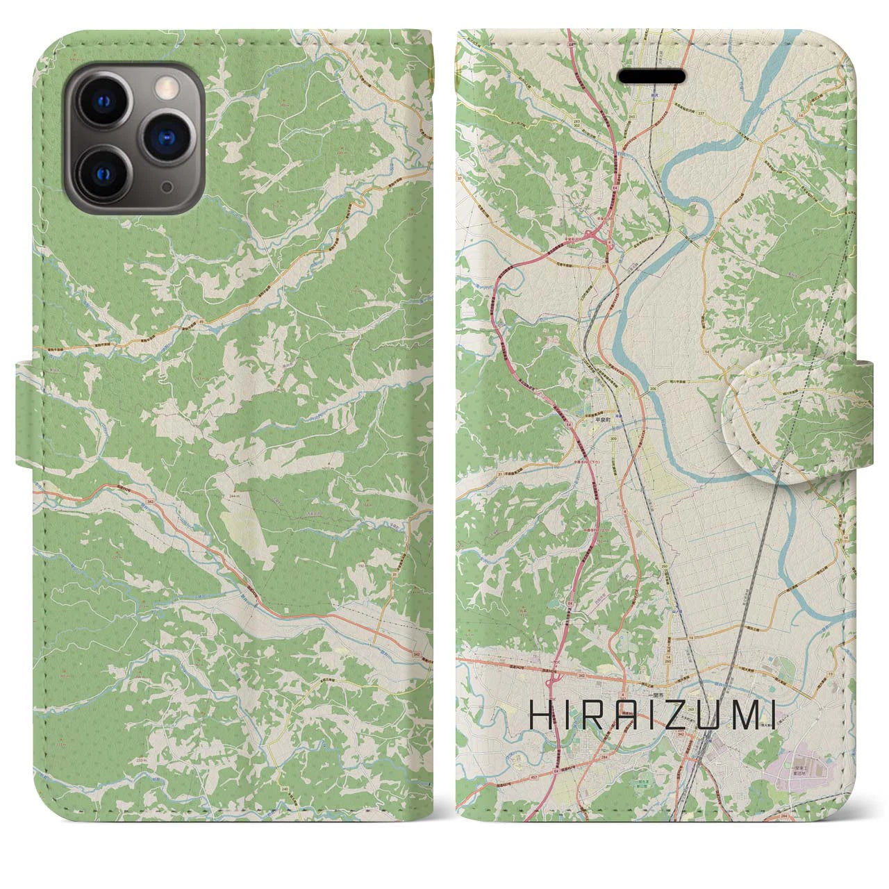 【平泉(岩手県)】地図柄iPhoneケース(手帳タイプ)ナチュラル・iPhone 11 Pro Max 用