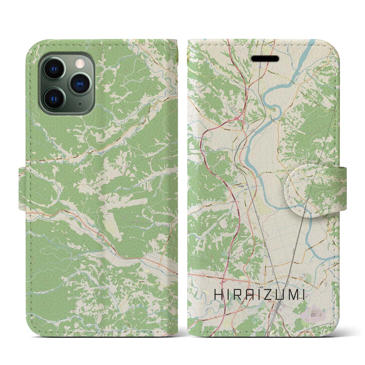 【平泉(岩手県)】地図柄iPhoneケース(手帳タイプ)ナチュラル・iPhone 11 Pro 用