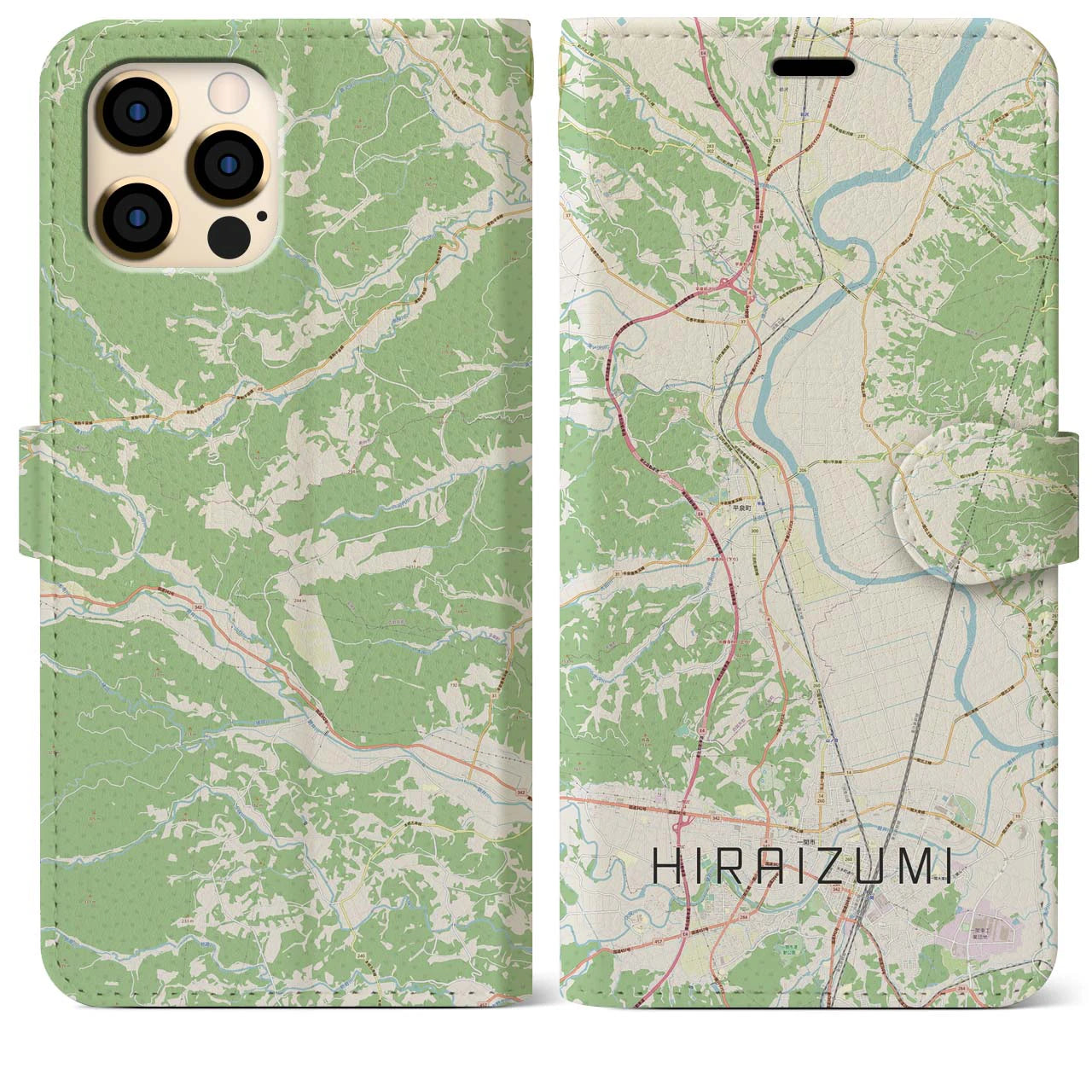 【平泉(岩手県)】地図柄iPhoneケース(手帳タイプ)ナチュラル・iPhone 12 Pro Max 用