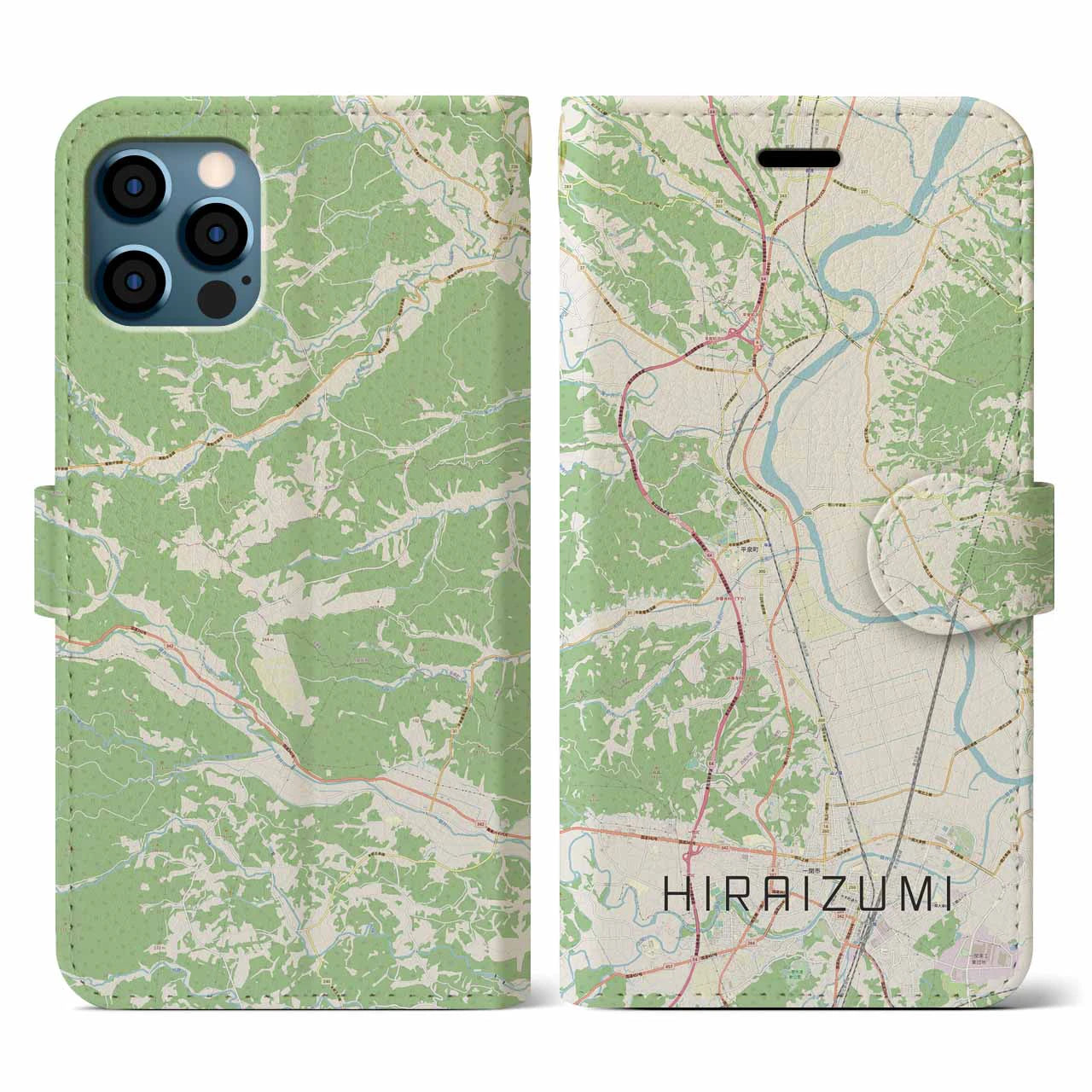 【平泉(岩手県)】地図柄iPhoneケース(手帳タイプ)ナチュラル・iPhone 12 / 12 Pro 用