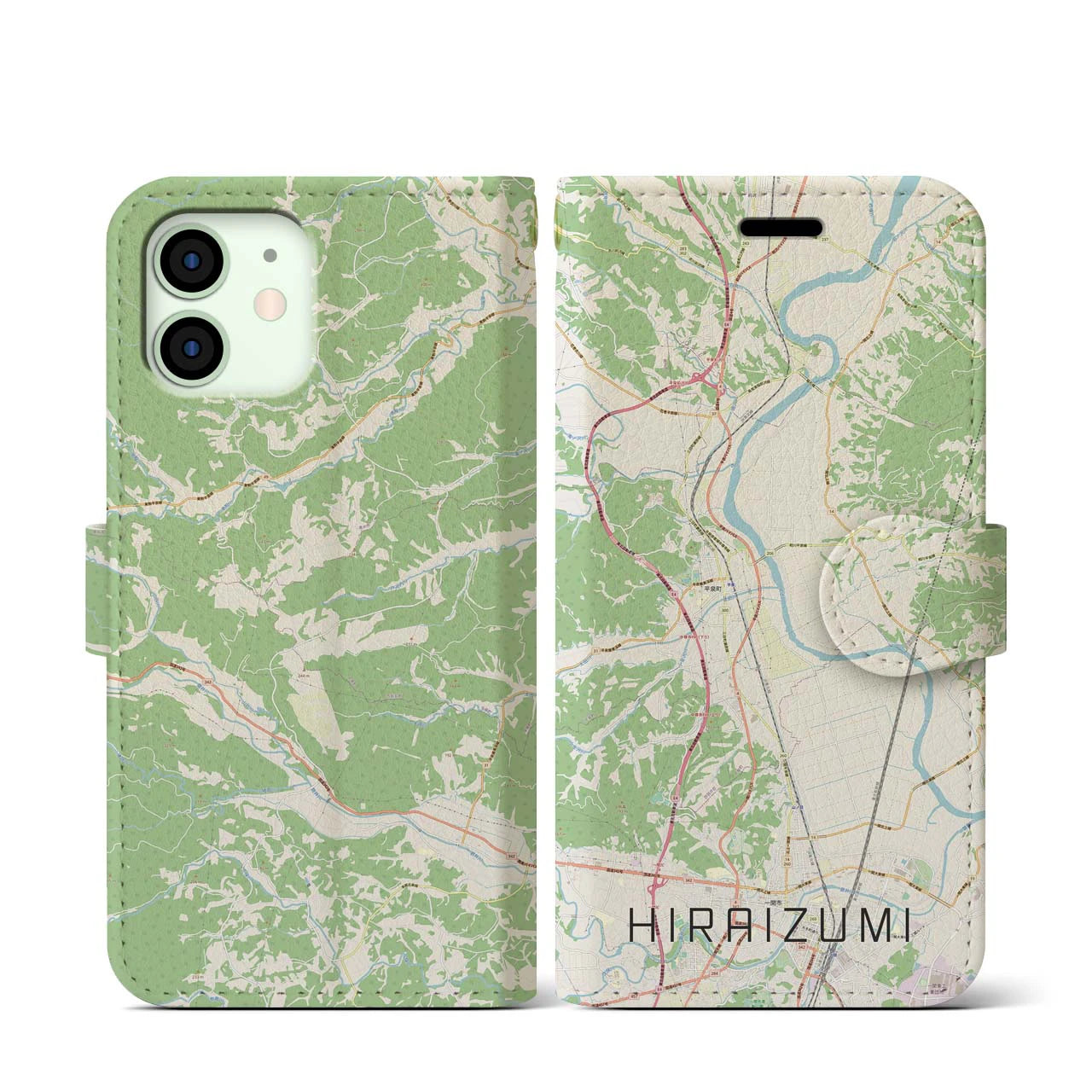 【平泉(岩手県)】地図柄iPhoneケース(手帳タイプ)ナチュラル・iPhone 12 mini 用