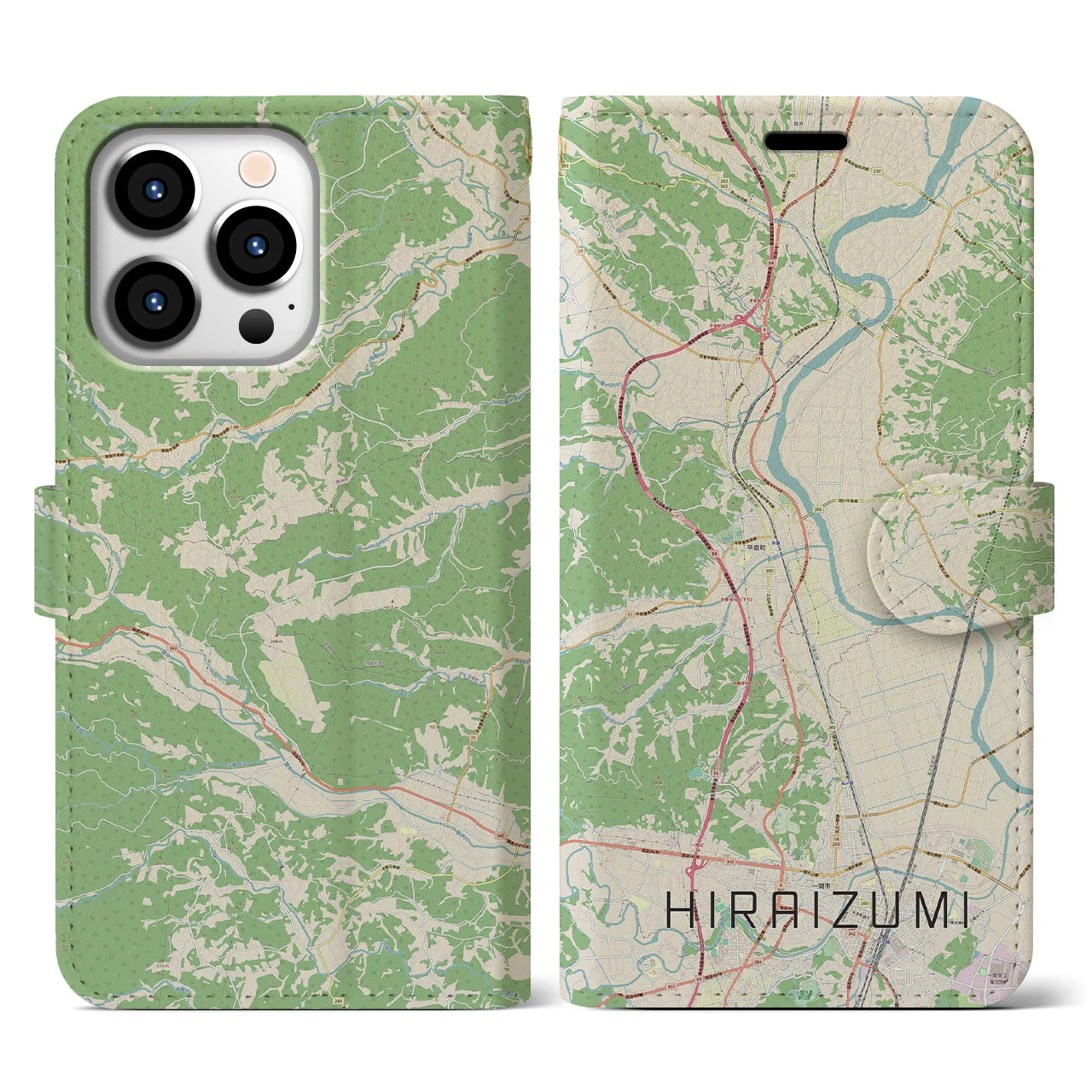 【平泉(岩手県)】地図柄iPhoneケース(手帳タイプ)ナチュラル・iPhone 13 Pro 用